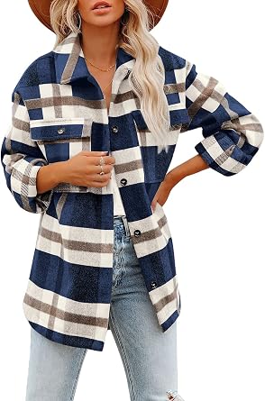 Womens Flannel Plaid Lapel Button Down Pocketed Shacket Jacket Coats Long Sleeve Shirts Oversized Blouses Tops