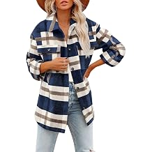 Womens Flannel Plaid Lapel Button Down Pocketed Shacket Jacket Coats Long Sleeve Shirts Oversized Blouses Tops