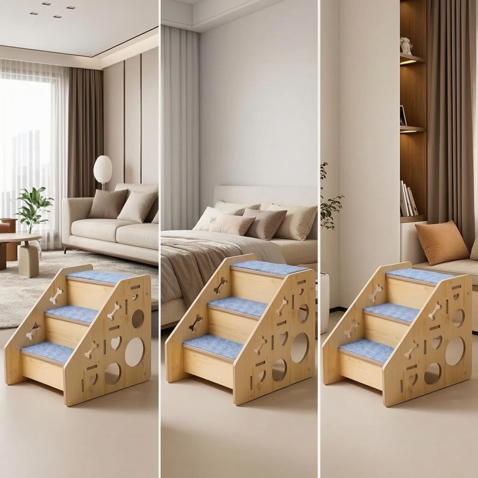 Scalini in Legno per Animali Domestici con Rivestimento in Moquette Antiscivolo E Design con Laterali Adatta per Cani Piccoli E Anziani per Letto E Divano