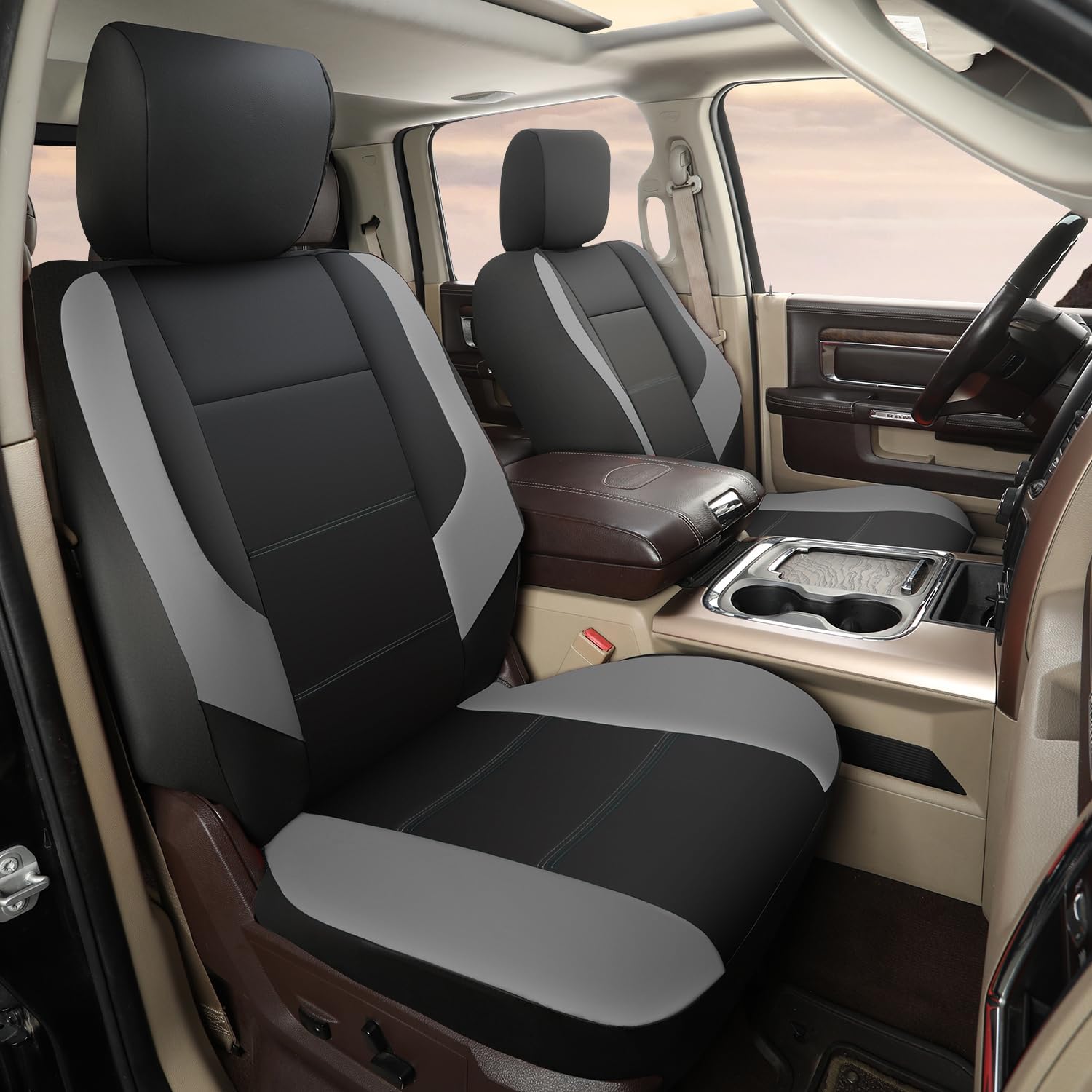 GIANT PANDA 2-Pack Front Car Seat Covers Custom Fit Dodge Ram 1500 2500 3500 Trucks Seat Protectors Faux Leather(Grey/Gray)