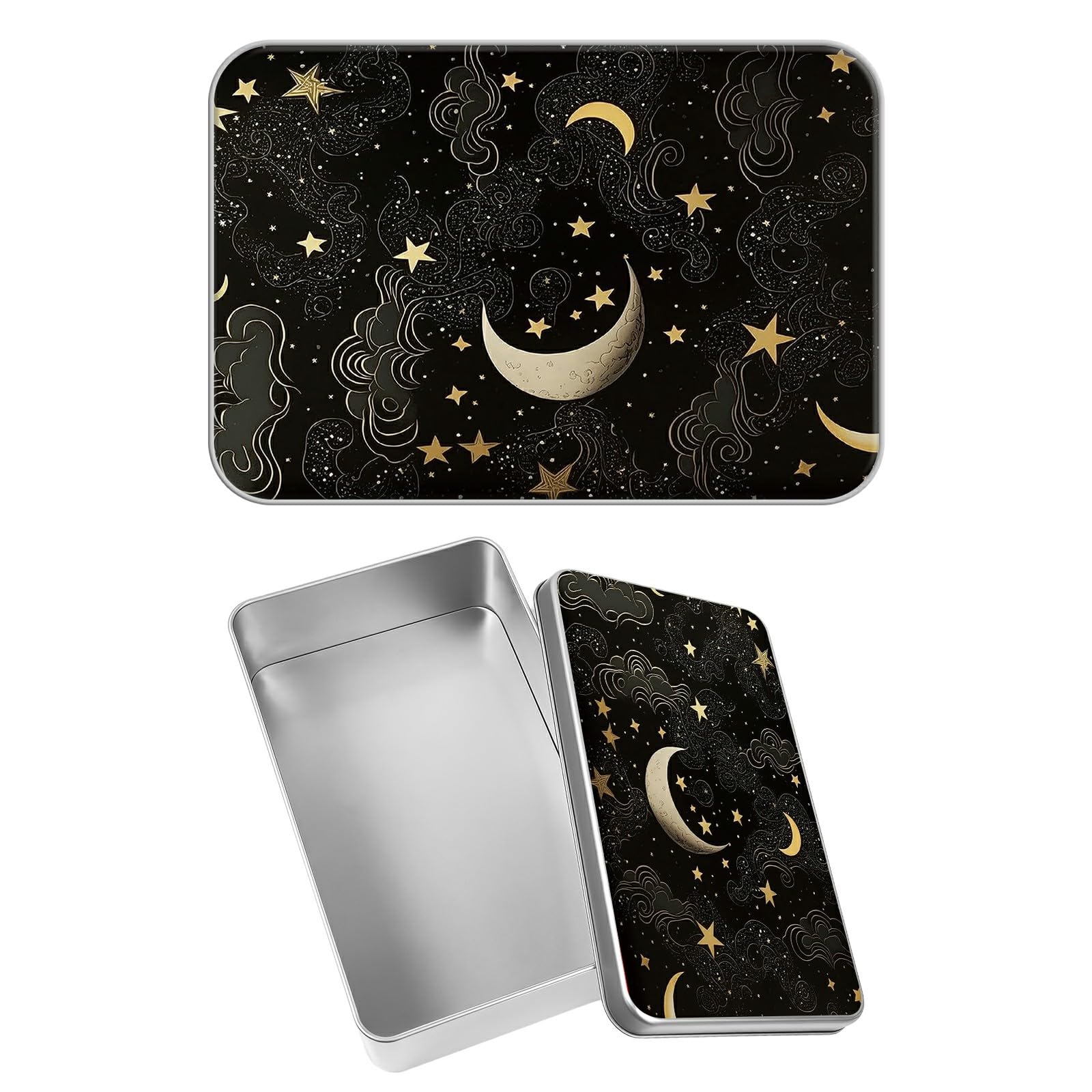 Rectangular Metal Tin Box with Removable Lid, Moon Star Decorative Printed Metal Storage Container for Jewelry Pen Eraser Pill Candy Craft 4.9 x 3.54 x 1.57 inch– Single Pack