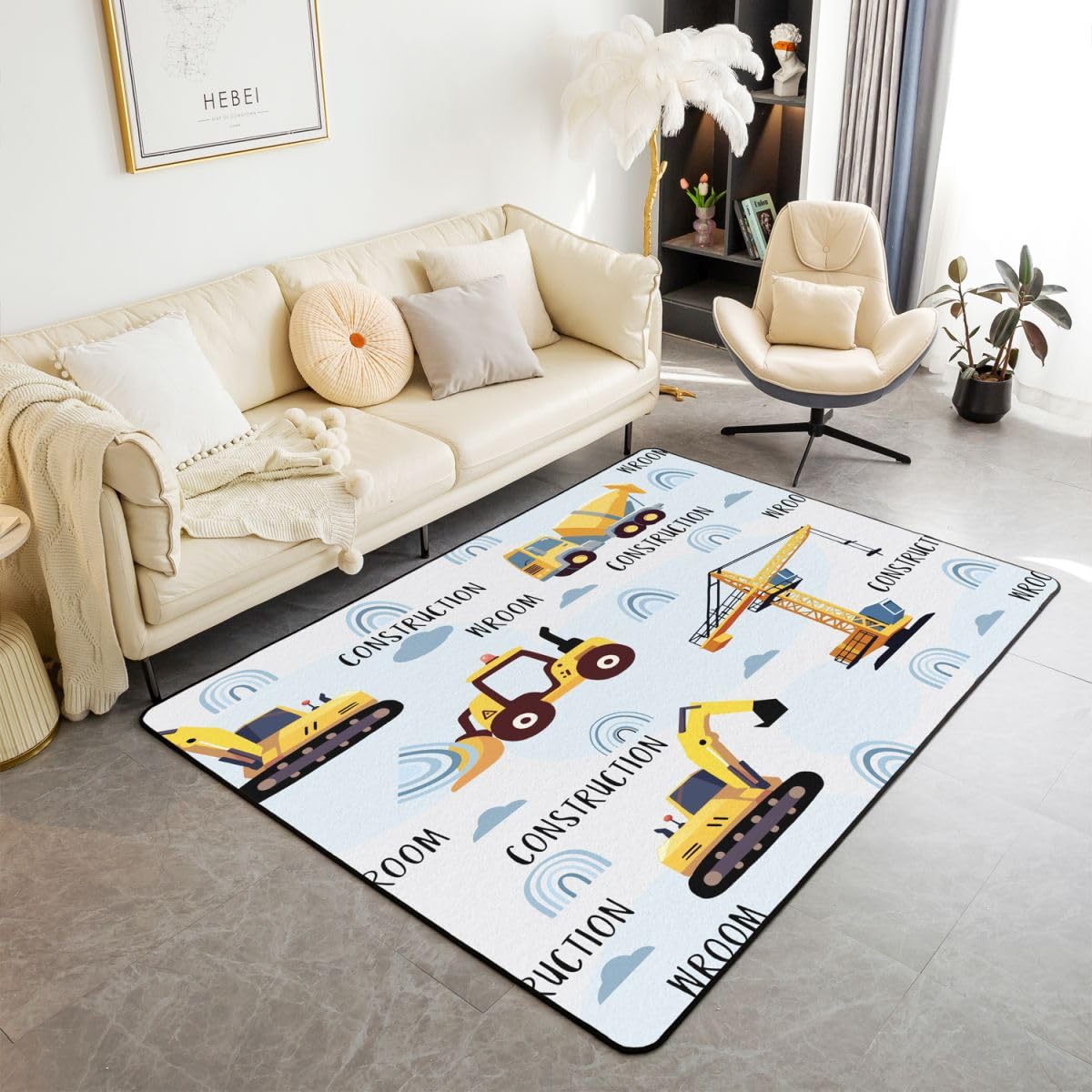 Tappeto per area di costruzione 13 x 17 cm, tappeto decorativo per bambini, per ragazzi e adolescenti, attrezzature, camion, soggiorno, escavatore, trattore, giallo, tappetino per interni, decorazione