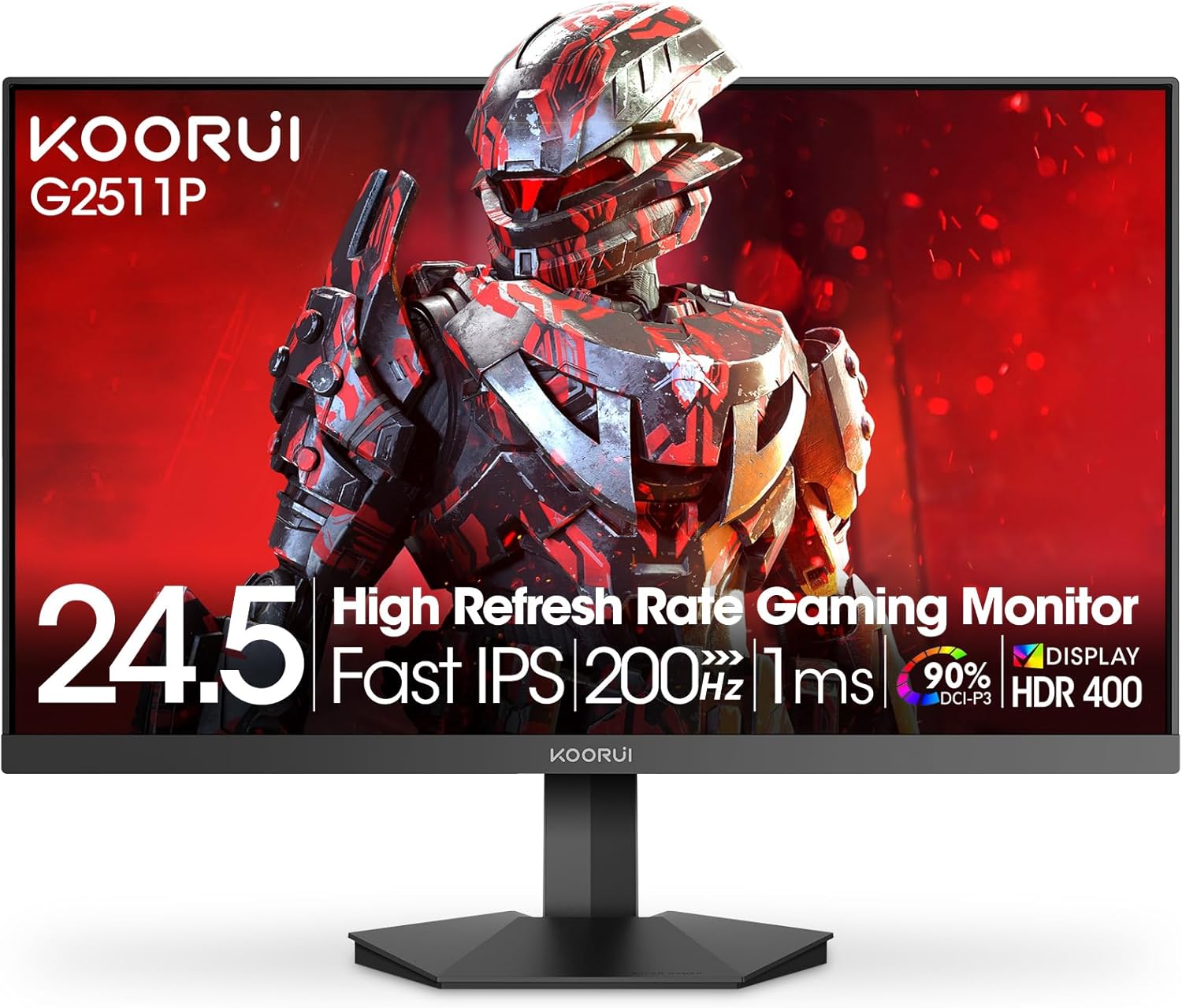 KOORUI G2511P 24.5-inch gaming monitor displaying a vibrant game scene, highlighting its 200Hz refresh rate, 1ms response time, IPS panel, HDR400, and 90% DCI-P3 color gamut.