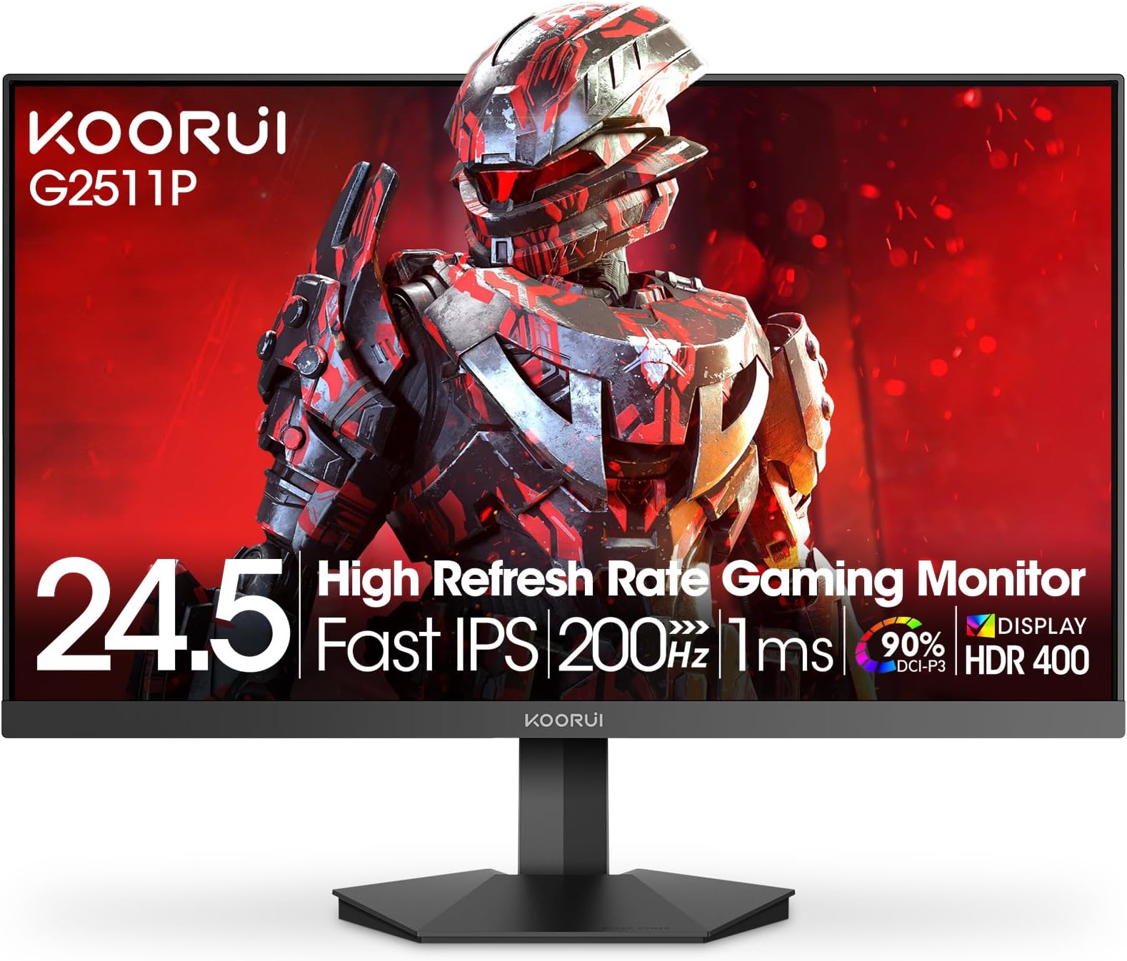 KOORUI 24.5 Inch Gaming Monitor, 200Hz FHD 1080p IPS Screen, 1ms（GTG ）, HDR400, 90% DCI-P3, Adaptive Sync, HDMI 2.0丨DisplayPort 1.4, Eye Care, Black (G2511P)