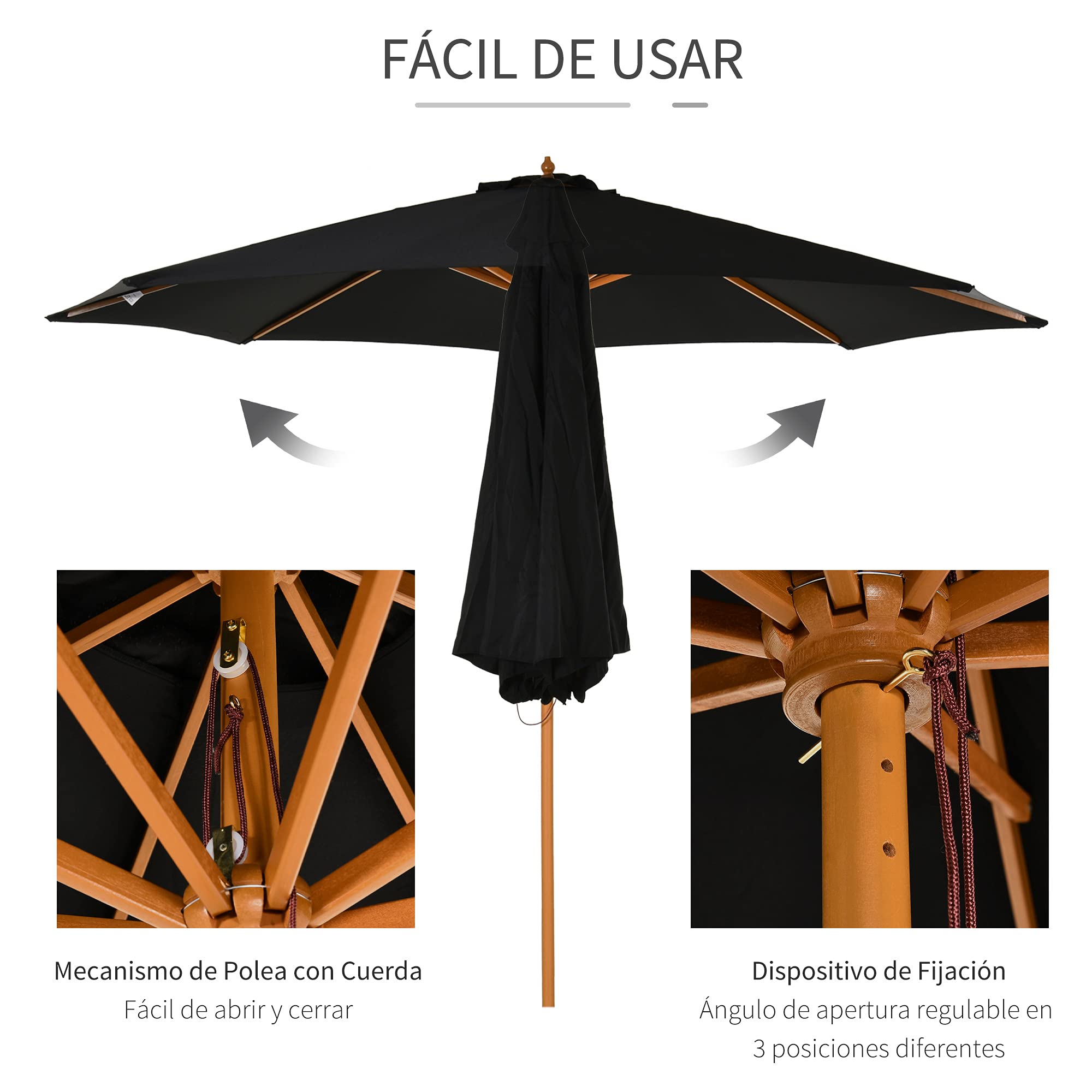 Outsunny Sombrilla Terraza Exterior Ø300 cm con Sistema de Polea | Sombrilla de Jardín, Techo Ventilado, Poste Desmontable de Madera, Parasol para Patio Terraza