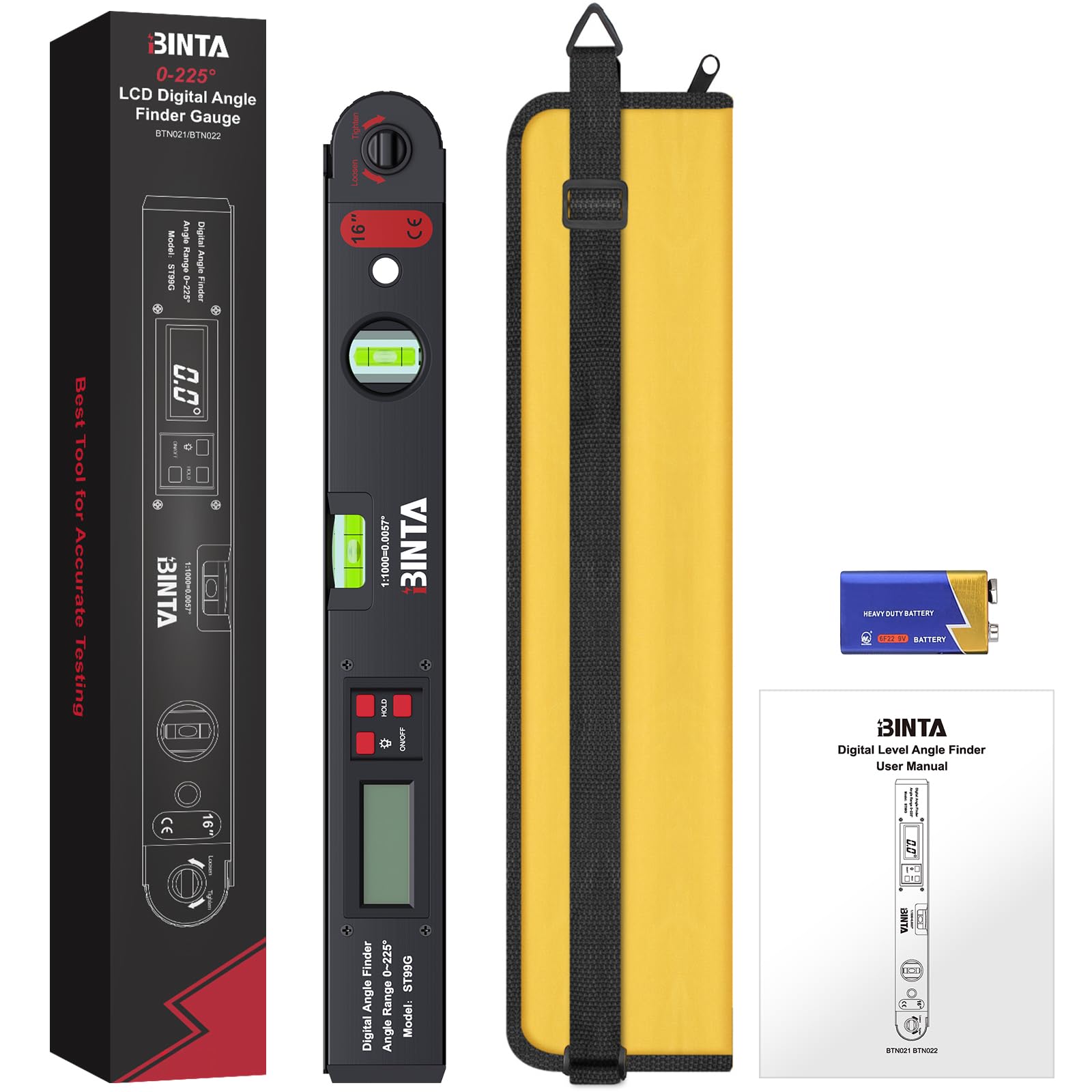 BINTA Détecteur d'Angle Numérique 0-225° avec Écran LCD Rétroéclairé, Outil en Aluminium avec Niveau à Bulles Horizontal/Vertical, Sac de Rangement, pour Menuiserie, Machines, Construction DIY Noir