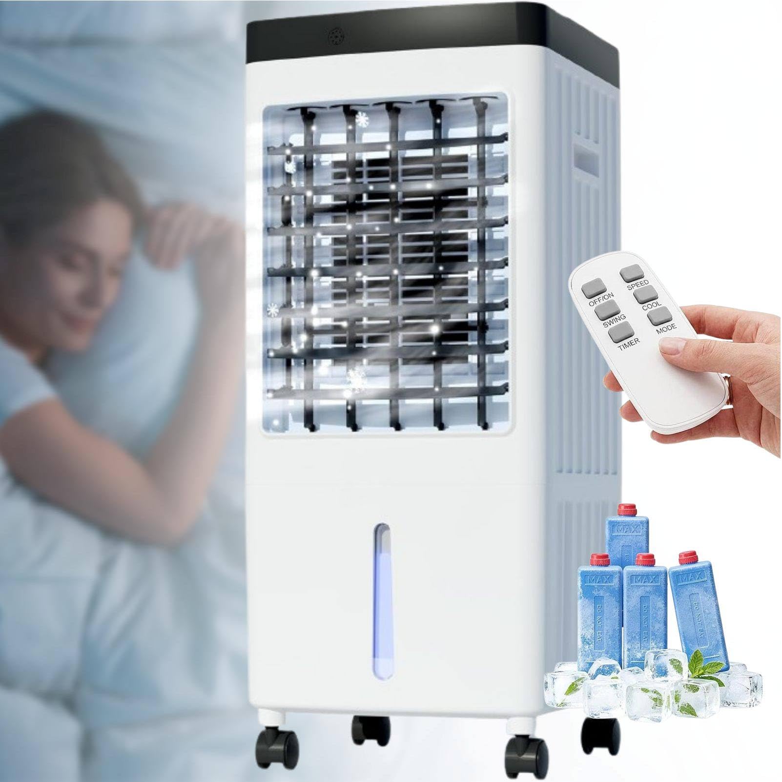 MhWrughts Windowless Air Conditioner Fan 15L Portable Swamp Cooler with 3 Speeds, Built-in Handle and Wheels for Bedroom Office Dorm RemoteControl