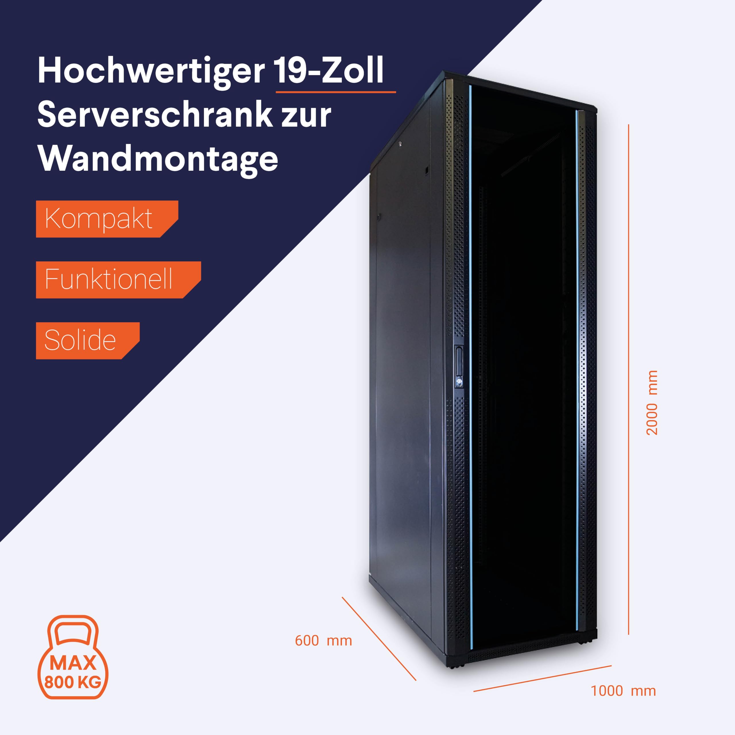42HE 19 Zoll Serverschrank - Glastür - (BxTxH) 600x1000x2000mm - Schwarz