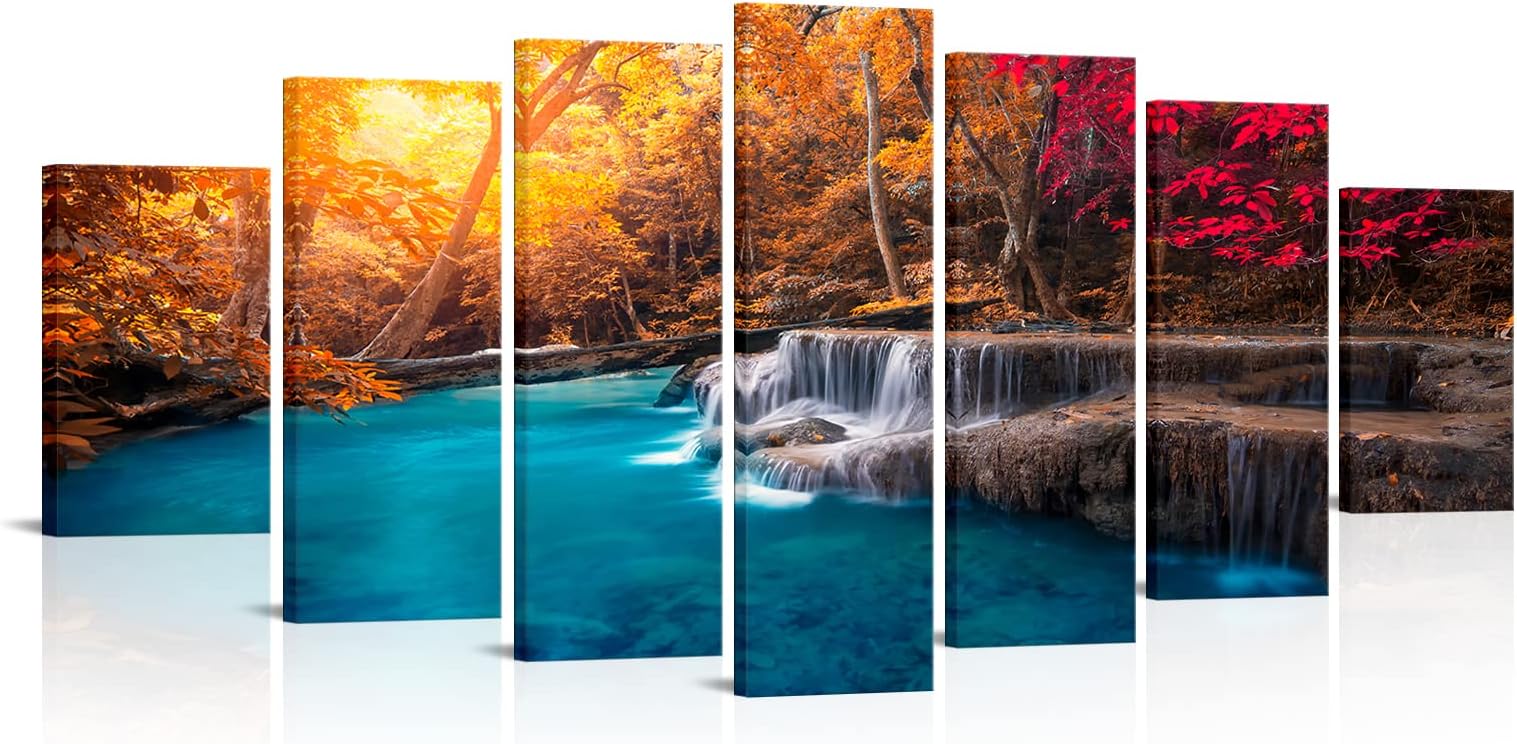 Visual Art Decor Xlarge 7 Pieces Blue Lake Waterfall in Red Fall Forest Canvas Wall Art Nature Landscape Wall Decor, Framed Ready to Hang for Modern Living Room Bedroom Office Decoration