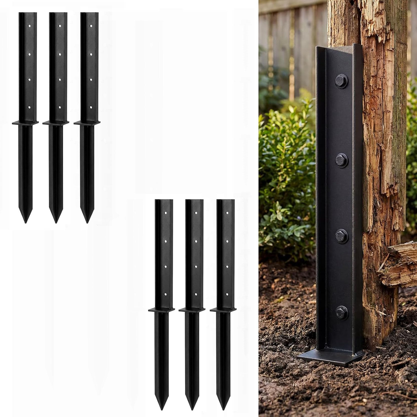 LQSYBHD Heavy Duty Fence Post Anchor Ground Stakes Fence Post Repair Kit Quick Fix Broken/Leaning 4x4/6x6 Wood Posts for Repair Tilted Broken Wood Support (Size:6pcs)