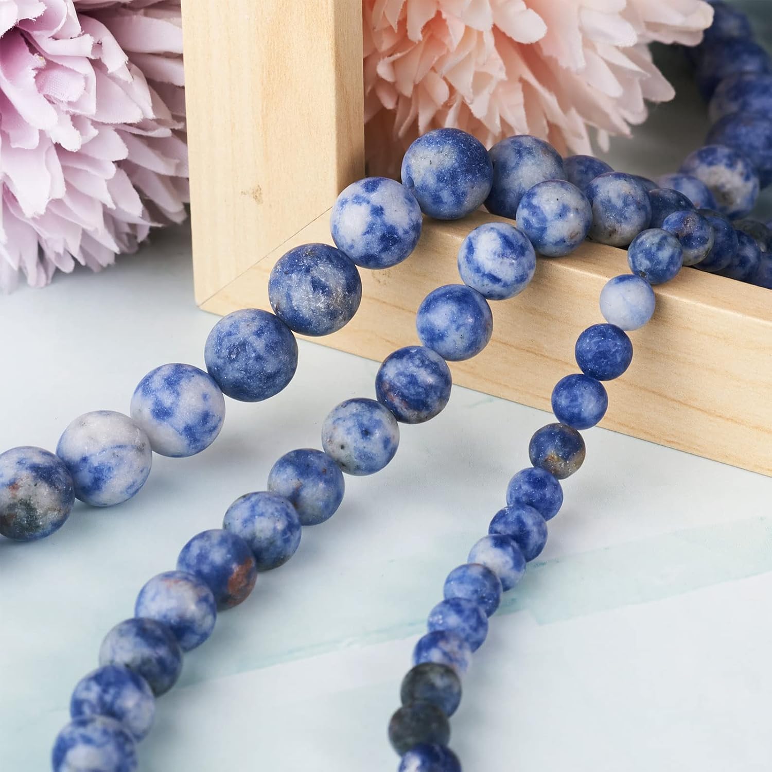 Pandahall 3 Strands Natural Blue Spot Jasper Beads Strands 6-10.5mm Undyed Frosted Round Gemstone Loose Beads Spacer Beads for Jewelry Crafts Making - Image 6