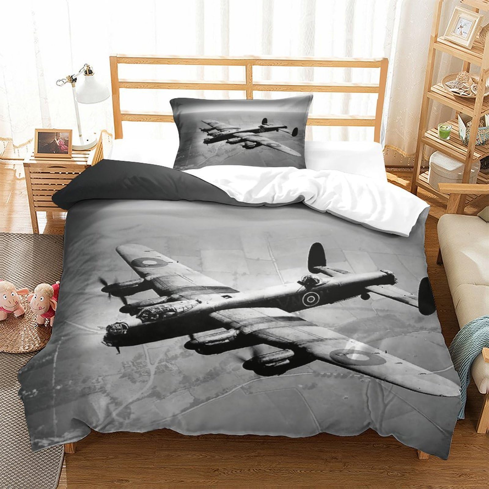 XiaopangXY WW II Aircraft Pattern Bedding Set Single（135x200cm）, Lancaster Bomber Duvet Cover with Pillowcases, Quilt Cover Set Soft Microfiber Comforter Cover Kids & Adults