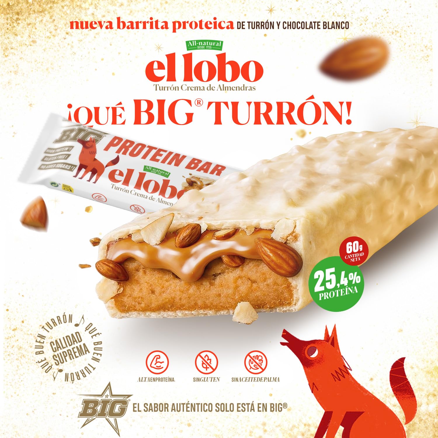 BIG - Barritas Proteina - Barritas Proteinas Turrón Almendras y Chocolate Blanco El Lobo - Snack Saludable Alto en Proteínas - +25gr por Barrita - Protein Bar Sabor Turrón - Sin Gluten - Caja (15 uds)