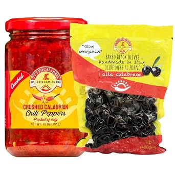 TuttoCalabria, Crushed Calabrian Chili Pepper (10 oz) & Baked Oven Roasted Black Olives with Pits (16.22 oz)