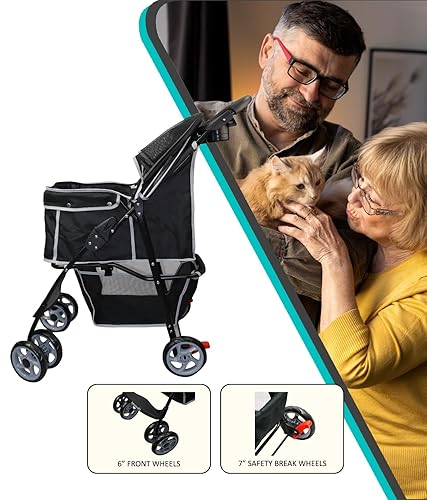 Miniatura 9 de AmorosO Práctico cochecito para mascotas de 4 ruedas  Cochecito portátil para perros pequeños y medianos y gatos  Transportador plegable de viaje