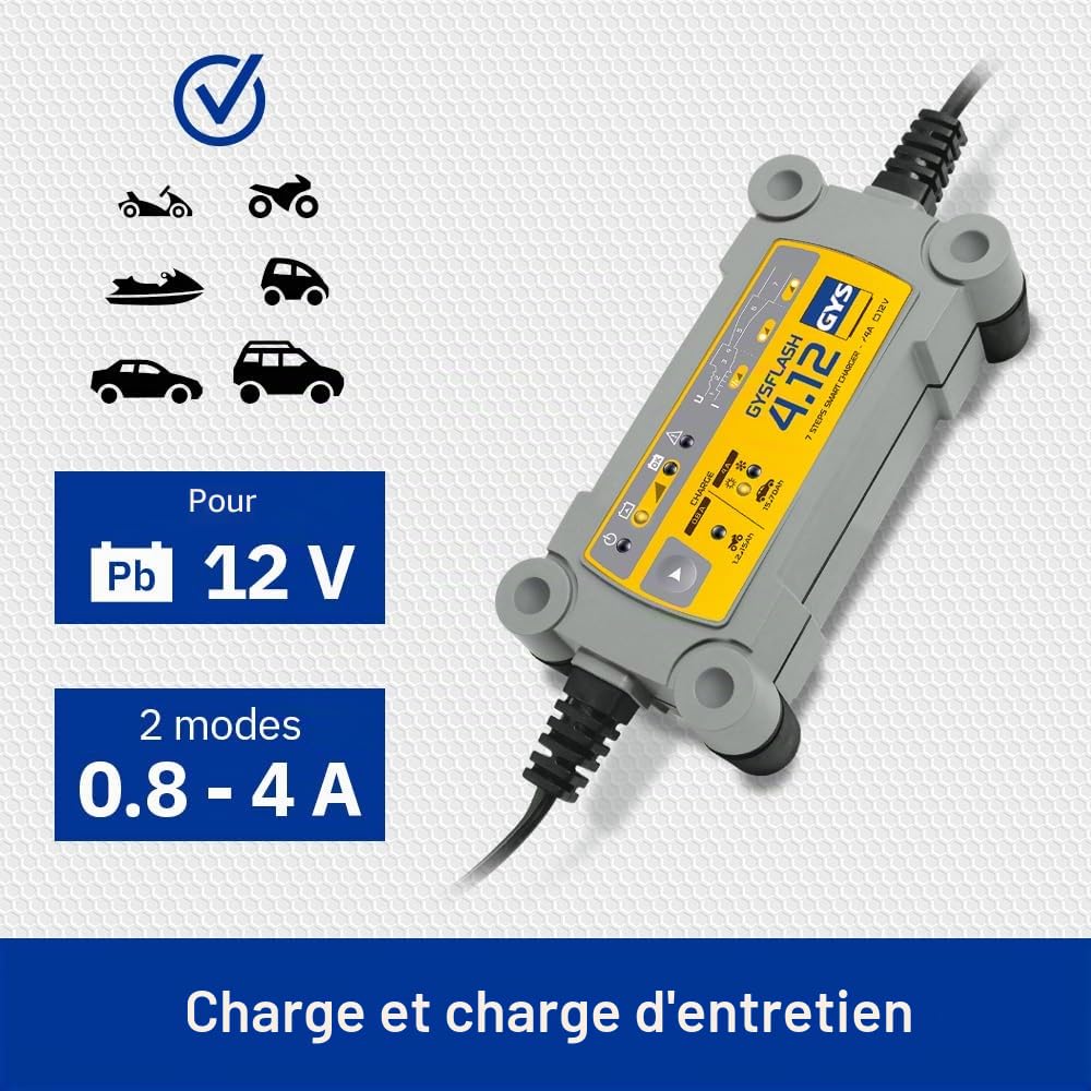 GYS, GYSFLASH 4.12, Chargeur de Batterie Intelligent Plomb (VRLA, AGM, SLA, Gel, Liquide, EFB), 0,8A/4A, Véhicules 12V (Moto, Voiture), Maintien de Charge Sécurisé, Désulfatation, IP65