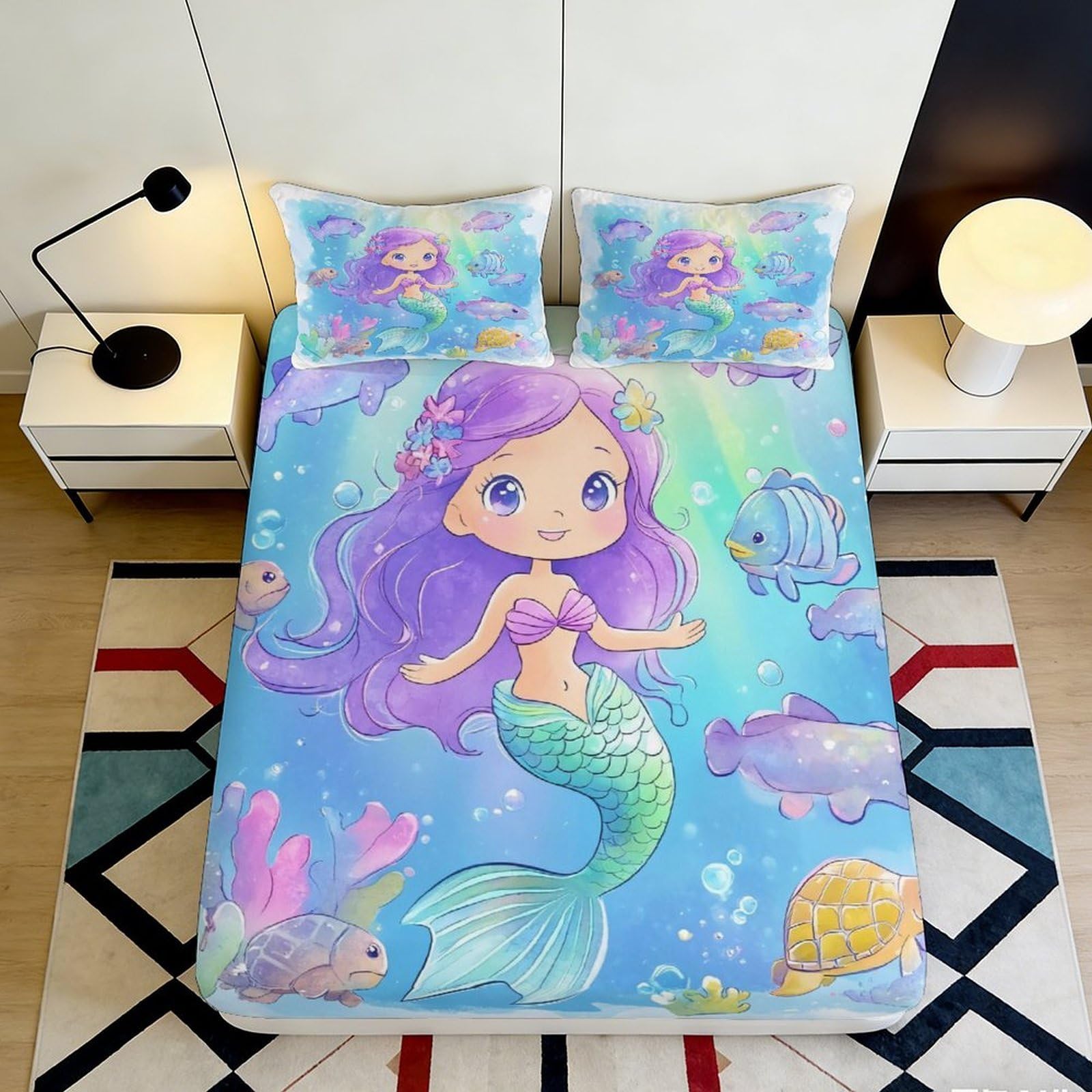 3D Printed Mermaid Fitted Sheet Microfiber Soft Breathable Underwater Scene Mattress Cover for Bedroom Dormitory Guest Room Bed Protection Decor 200x200x25cm