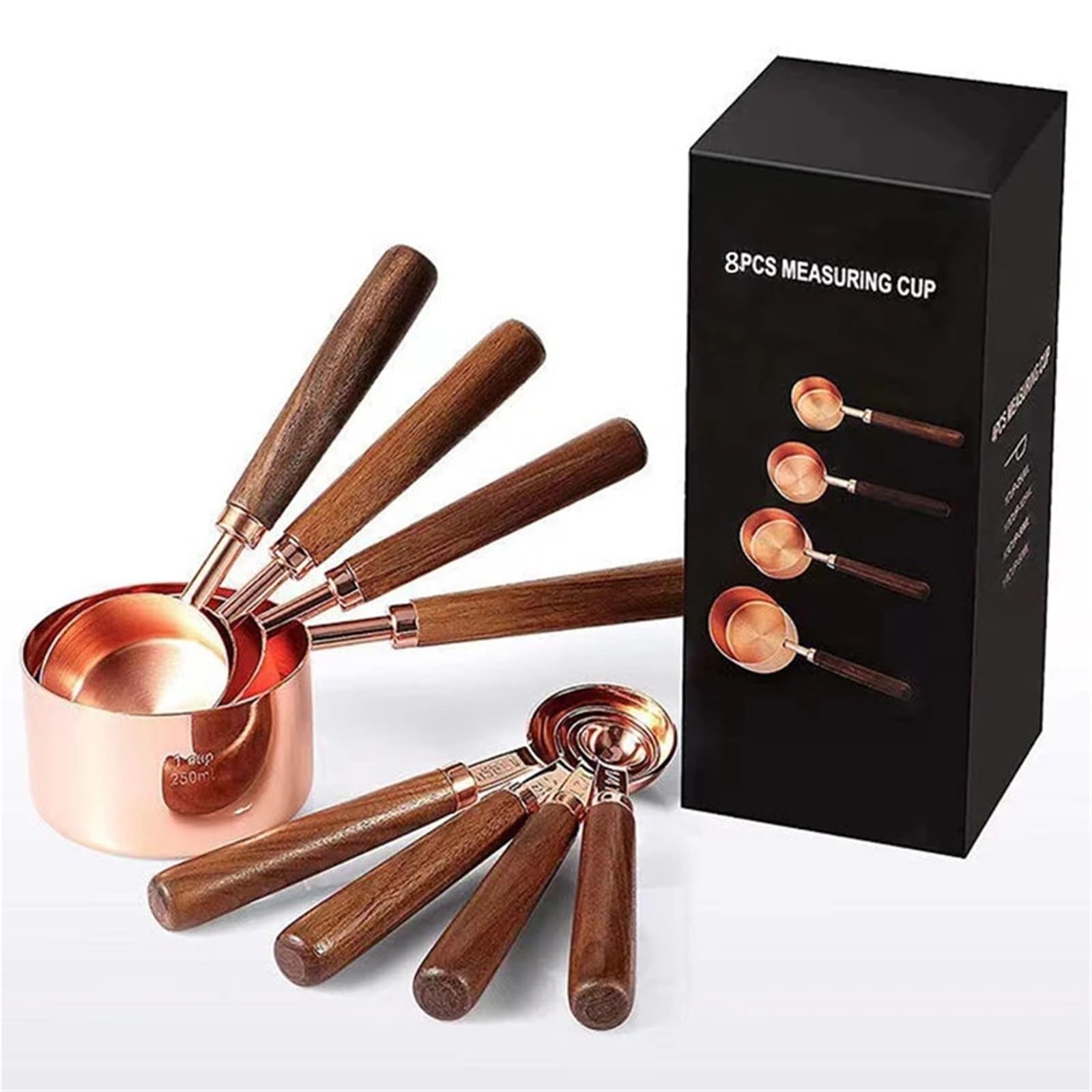 Messbecher- und Löffel-Set, Walnuss-Griff, Edelstahl, plattiertes Kupfer, Metall, Messschaufel, Backset, Küchenzubehör für Flüssigkeiten und Feststoffe