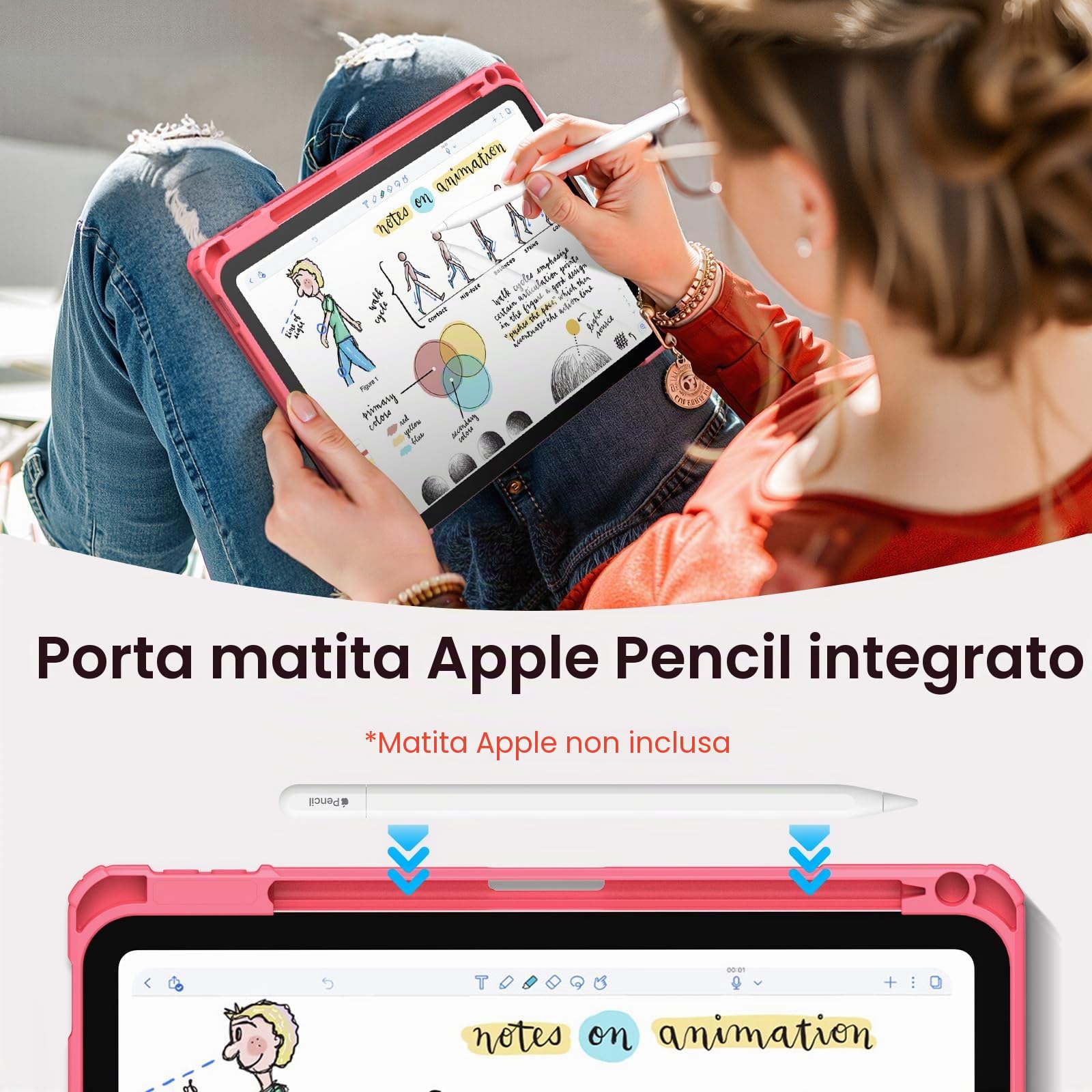 FINTIE Custodia iPad 11ª Gen 11" 2025 A16 Portapenne Sottile Leggero Trasparente Cover Posteriore Bordo TPU Morbido Auto Sveglia Sonno, Pink