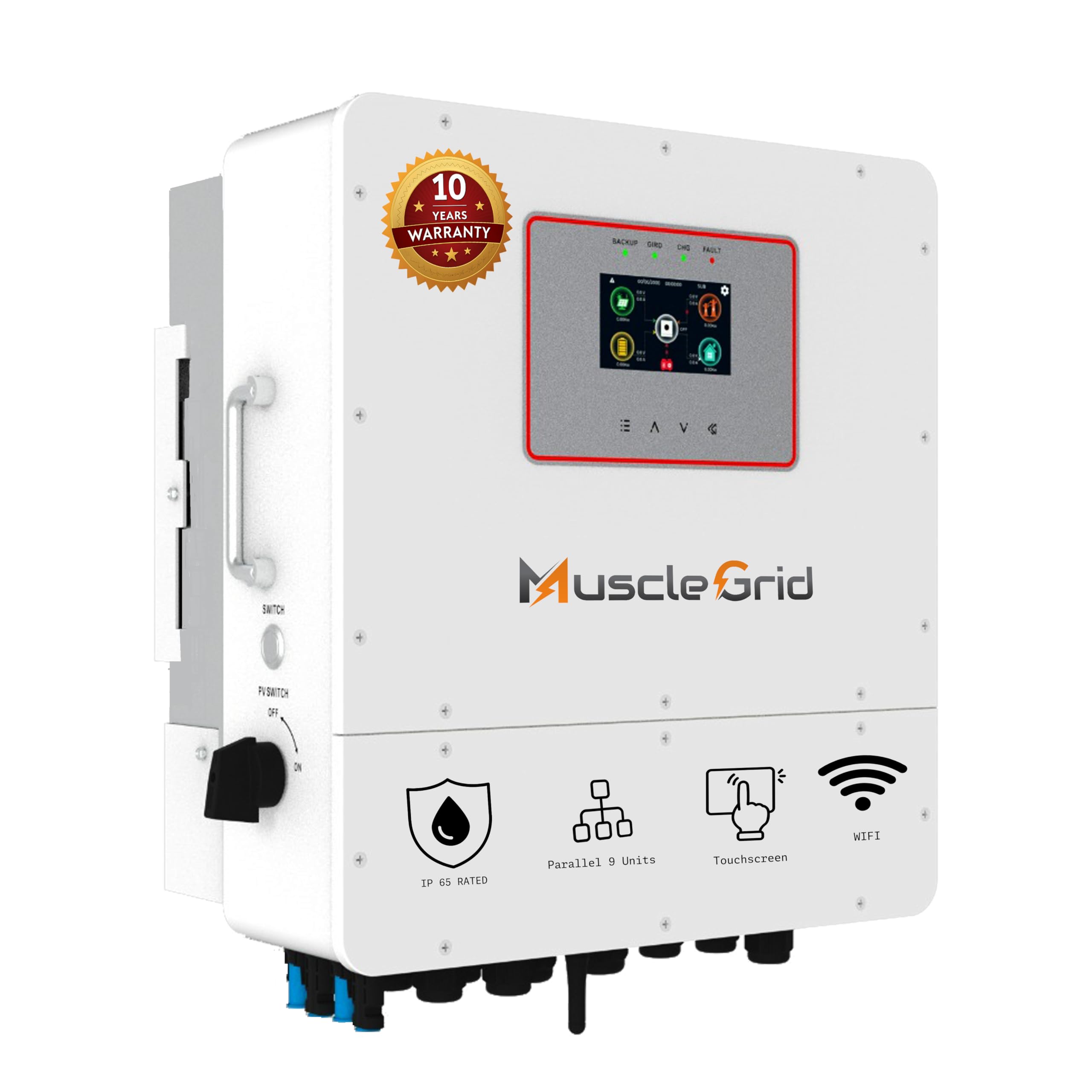 musclegrid solar power inverter, 6kw, 48v, white, ip65 rated, wifi enabled, touchscreen control, parallel 9 units support, dual mppt, 10 year warranty