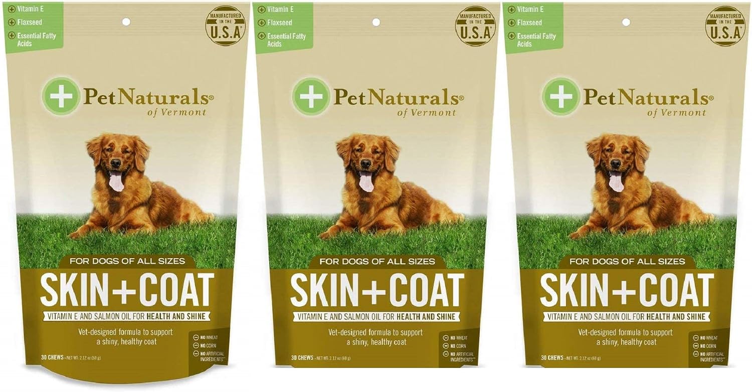 Pet Naturals of Vermont 3 Pack of Skin + Coat for Dogs, Skin and Coat Health Supplement, 30 Chews Per Pack