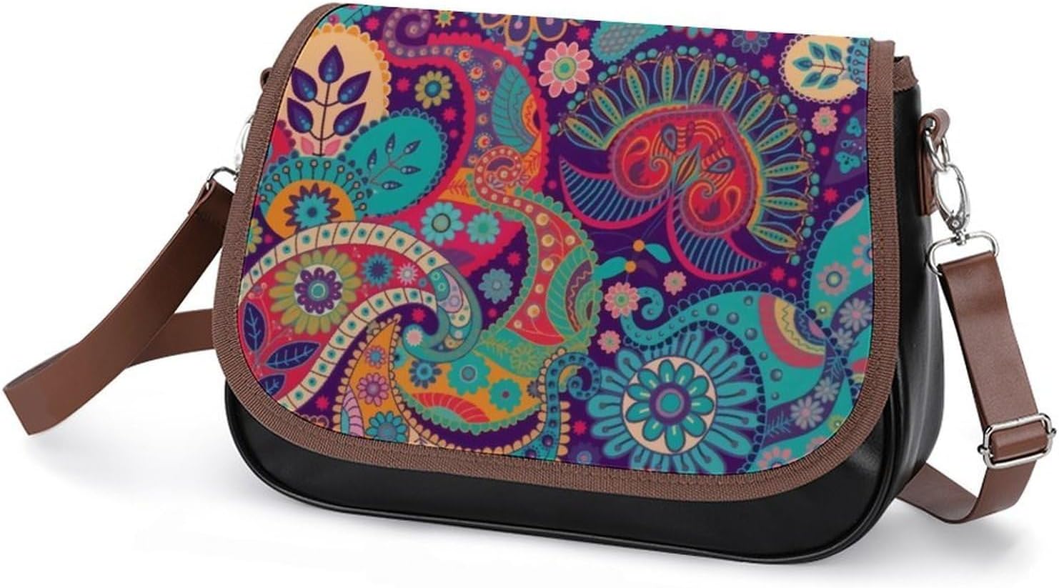 Mandala Bohemian PaisleyWomen's Faux Leather Crossbody Bag, Waterproof Wrinkle-Resistant Shoulder Bag with Detachable Strap, Large Capacity Casual Handbag, Fashion Daily Purse for Shopping Work Dating