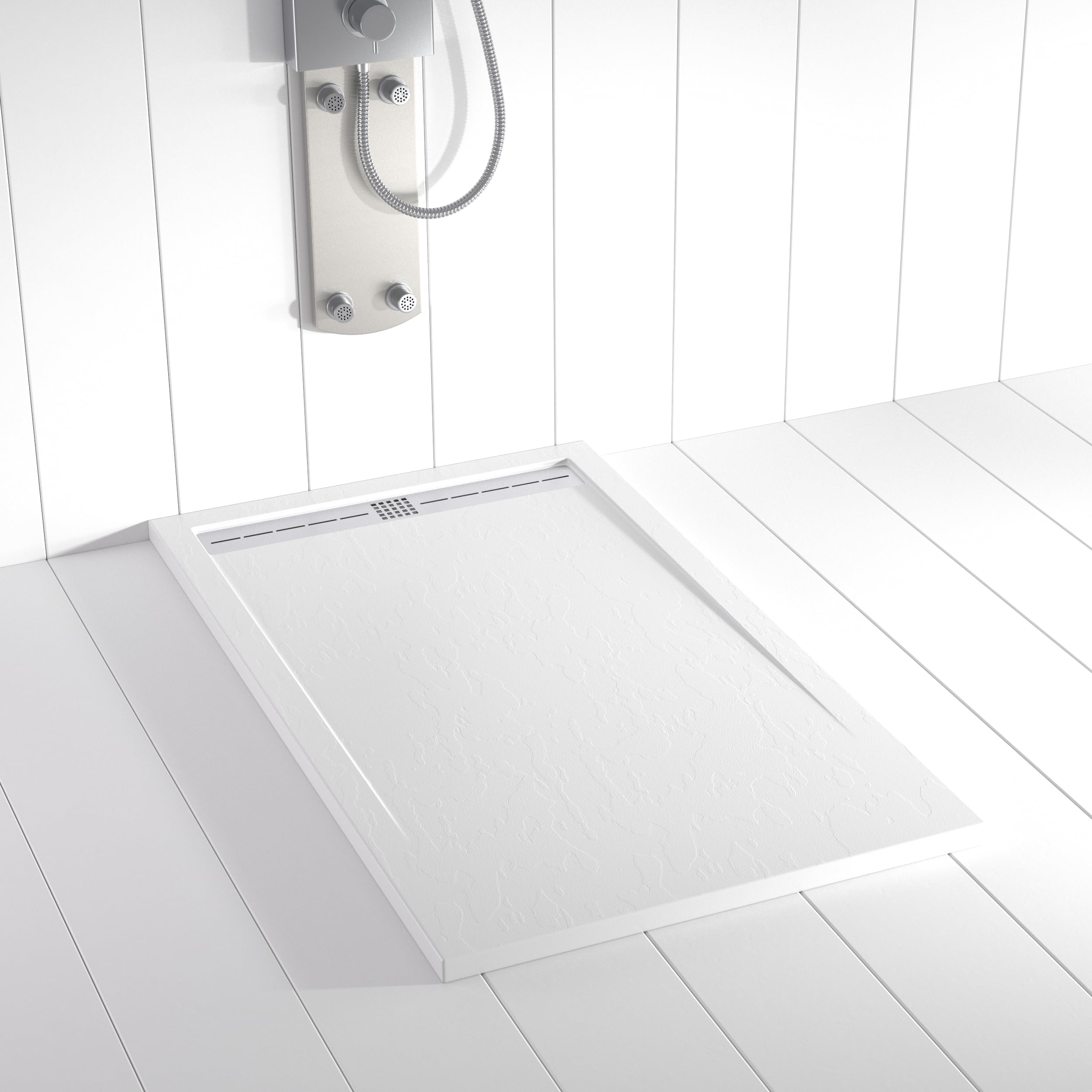 Plato de ducha resina FLOW desagüe lineal frontal color Blanco 90x70 textura pizarra antideslizante rejilla inox con válvula