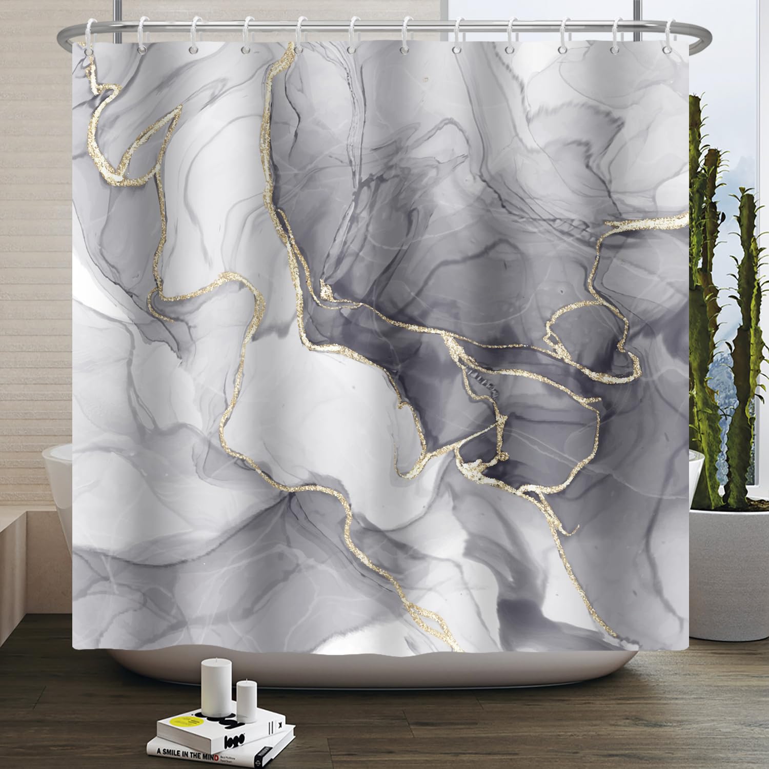 Kzzfqxb 105x160cm Cortinas de Ducha con Ganchos de plástico, Mármol Gris ocluido Impermeable Líneas Curvas Doradas Patrón de Arte de Humo Que Fluye para baño, Tela de poliéster para bañera