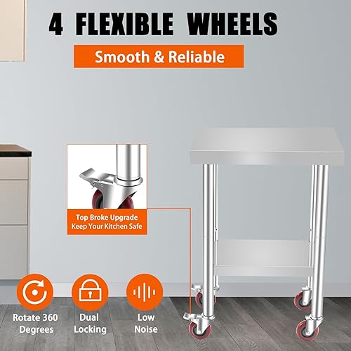 Miniatura 5 de TECSPACE Mesa de trabajo de acero inoxidable con ruedas de 30 x 18 pulgadas, mesa de trabajo comercial resistente con estante inferior y ruedas,