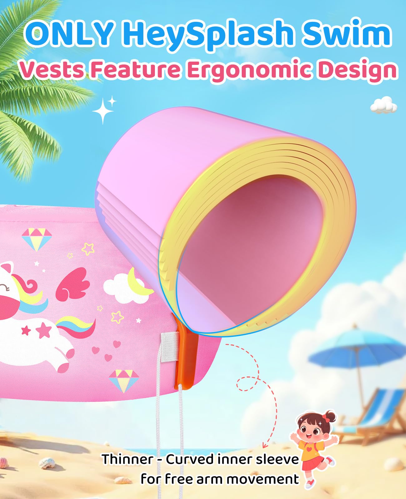 HeySplash Braccioli Gonfiabili, Canottiera per Piscina, Braccioli da Nuoto, Galleggiante per Nuoto Accessori per Bambini con Motivo Cartone Animato, Unicorno Rosa