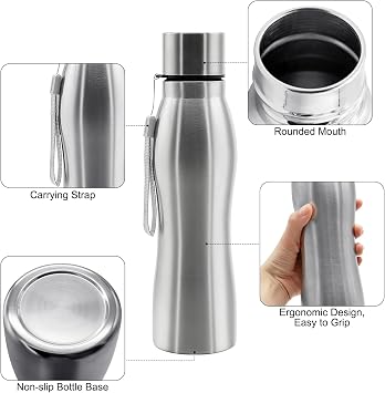 Stainless Steel Water Bottle, 750ml Metal, Leak Proof Non Insulated Single Wall, Reusable for School Office Gym Running Sports Travel