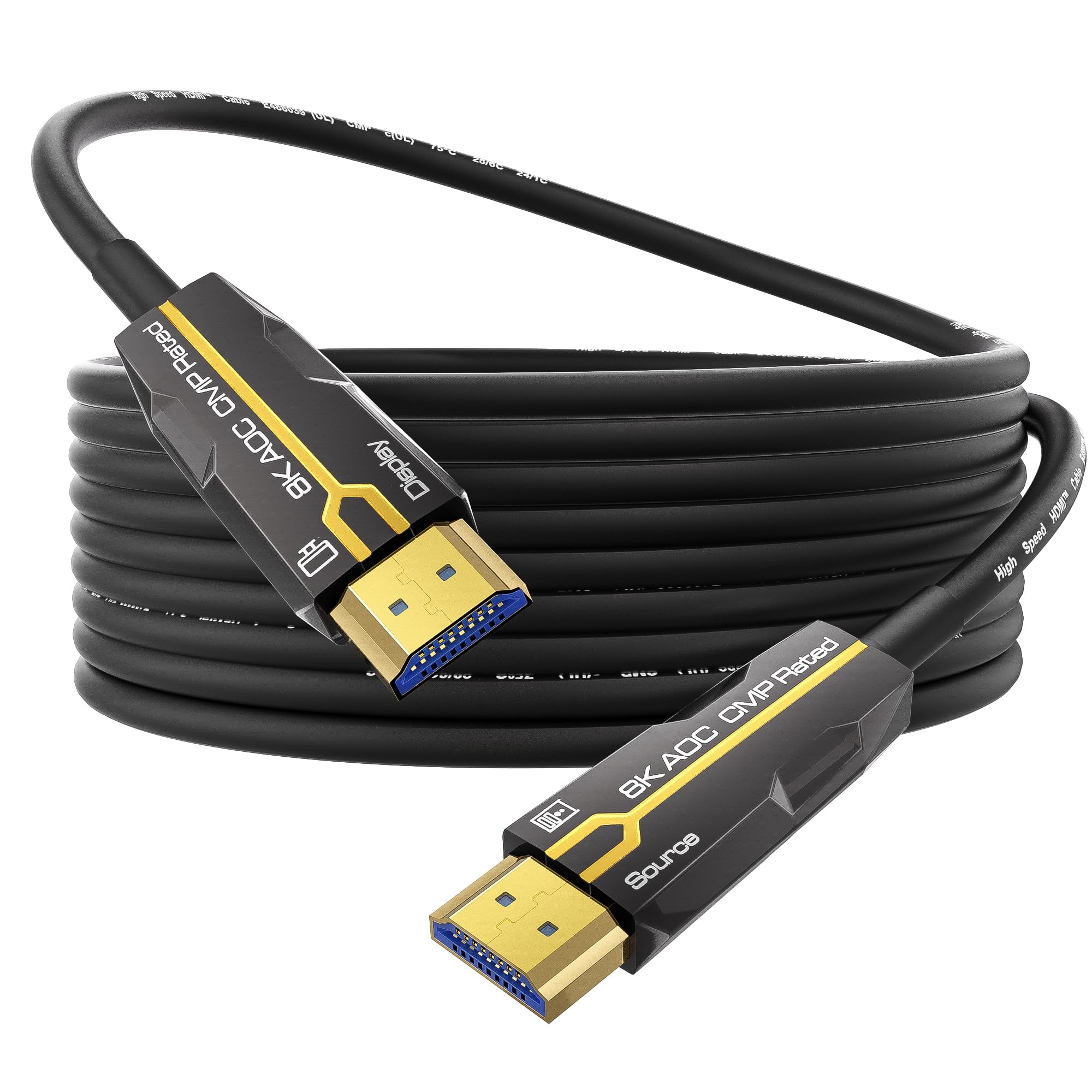 Cable HDMI con clasificación plenum (CMP) de 50 pies, cable HDMI 2.1 de fibra óptica 8K de alta velocidad de 48 Gbps, cable largo para tuberías, compatible con 8K y 60Hz 4K y 120Hz HDR, para