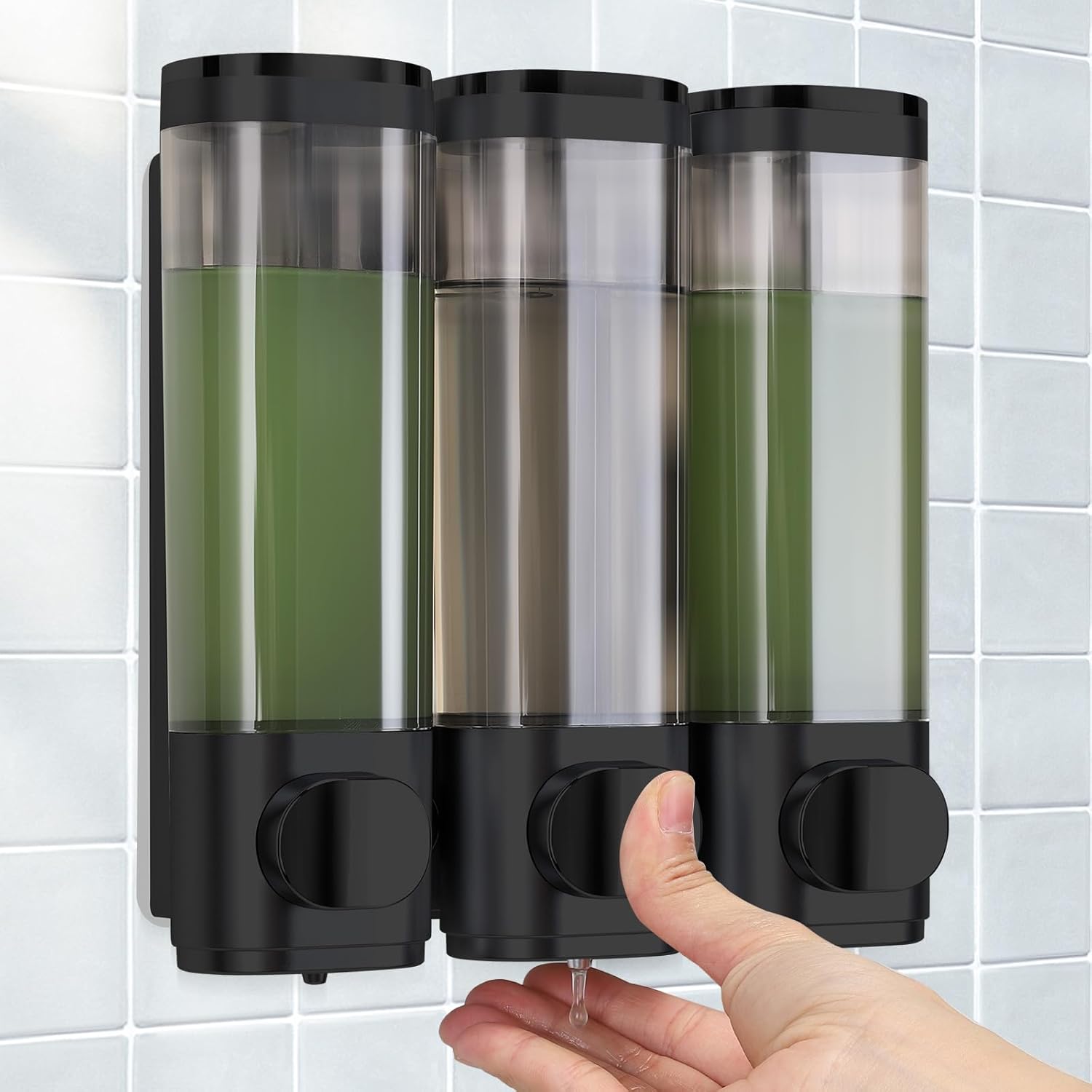 Product image of Lot de 3 distributeurs de savon, fixation murale, sans perçage, distribution uniforme de liquide, anti-fuite, convient pour shampooing, gel douche, savon liquide, après-shampoing, noir