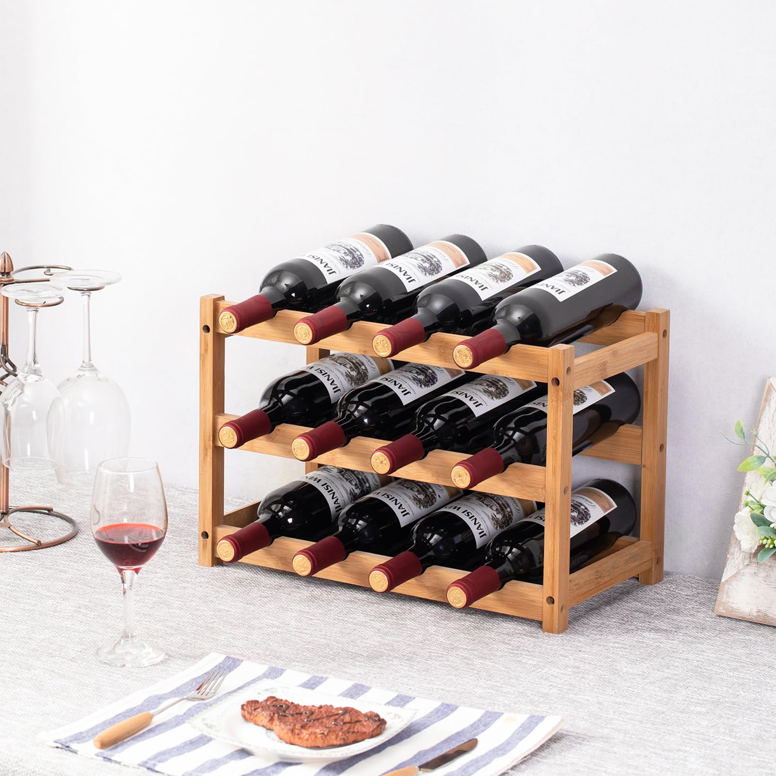 YunNasi Portabottiglie di Vino Bambù Naturale, 3 Livelli-12 Bottiglie | Portabottiglie da Tavolo Classic, Espositore Bottiglie Scaffale Cantinetta Vino per Cucina Bar e Cantina