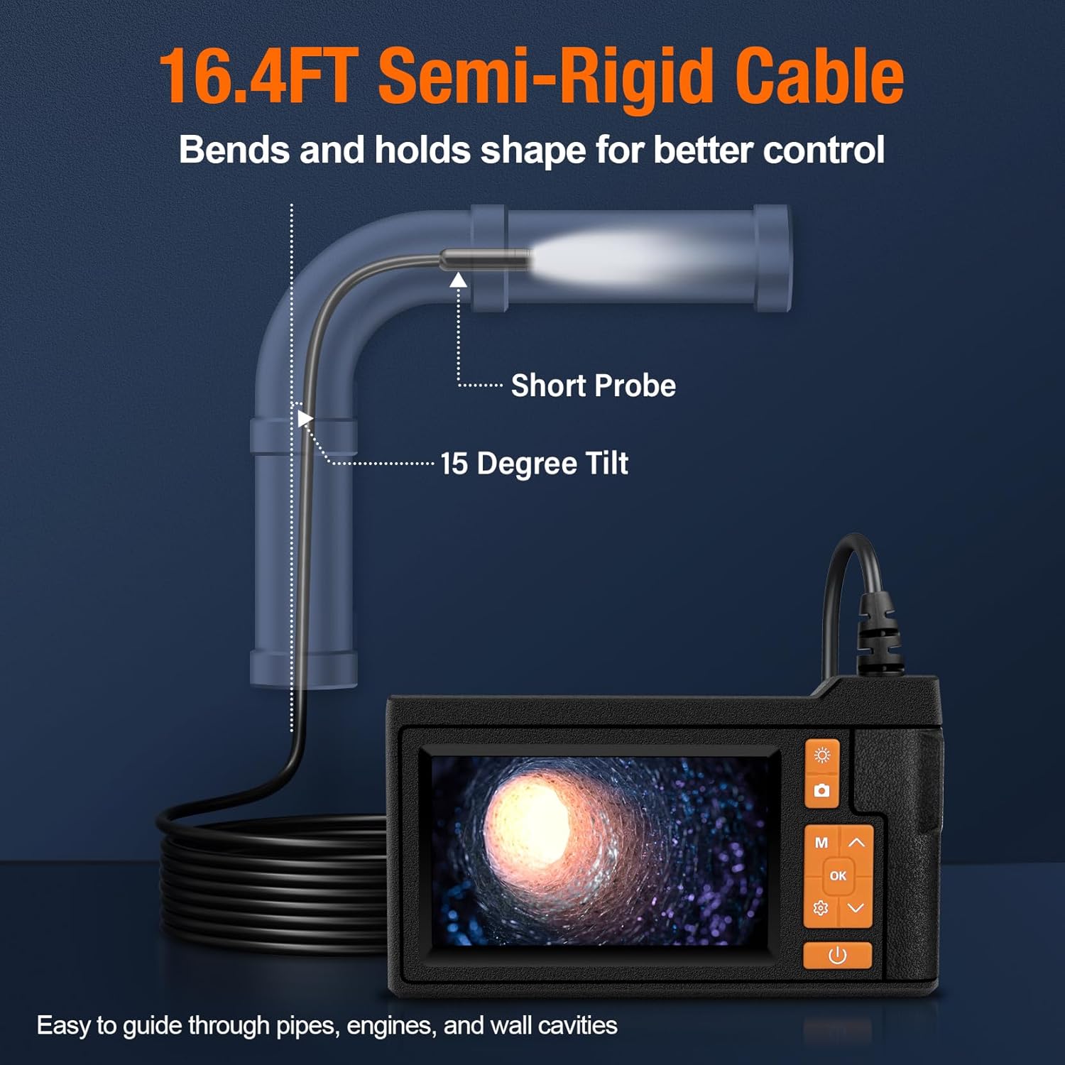 Borescope Camera with Light, 4.3" IPS Screen Endoscope, No Phone No App Inspection Camera with Light, 16.4ft Semi-Rigid Cable, 8LED Industrial Endoscope with 32GB Card for Auto, Pipe & Home Inspection