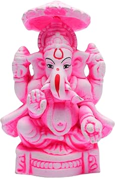 Decorative Ganesha Idol Ganpati Ji with Chattar Eco-Friendly Handmade Clay Home D cor Pooja Small Murti Traditional Mitti Ganesh Statue for Ganesh Chaturthi Housewarming Festival, 4 Inch, Pink