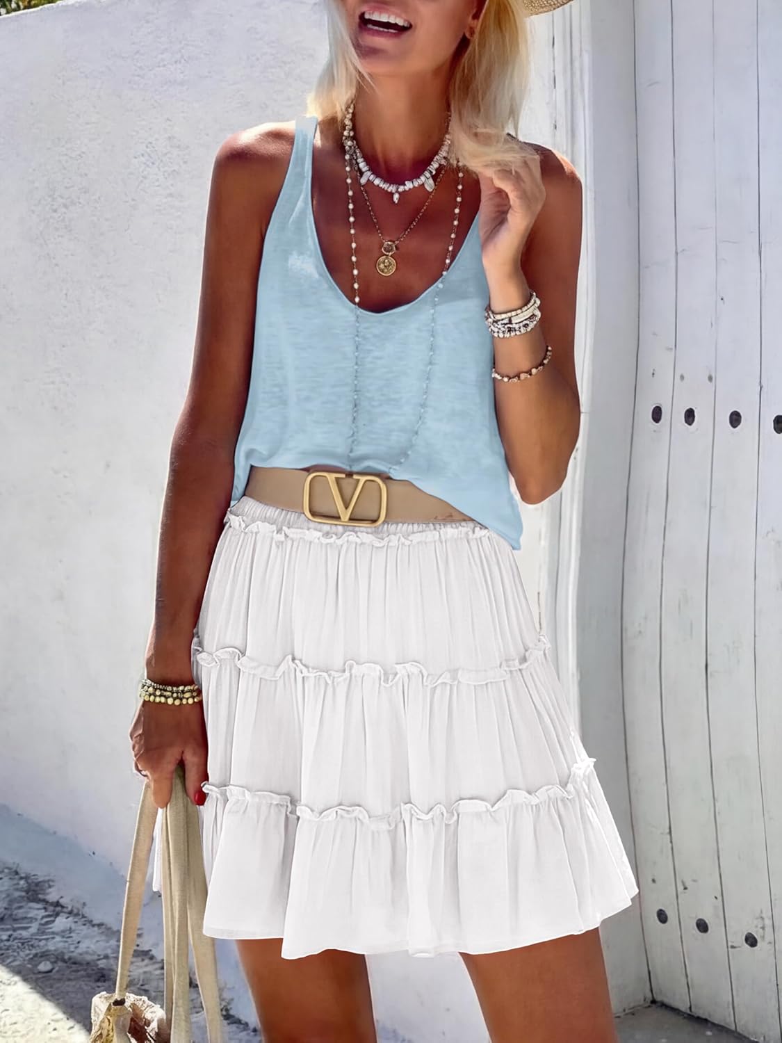 Caracilia Womens Mini Skirt Skorts Flowy High Waisted Ruffle Tiered Casual Summer Beach Short Skirts Built-in Shorts 2026 - Image 3