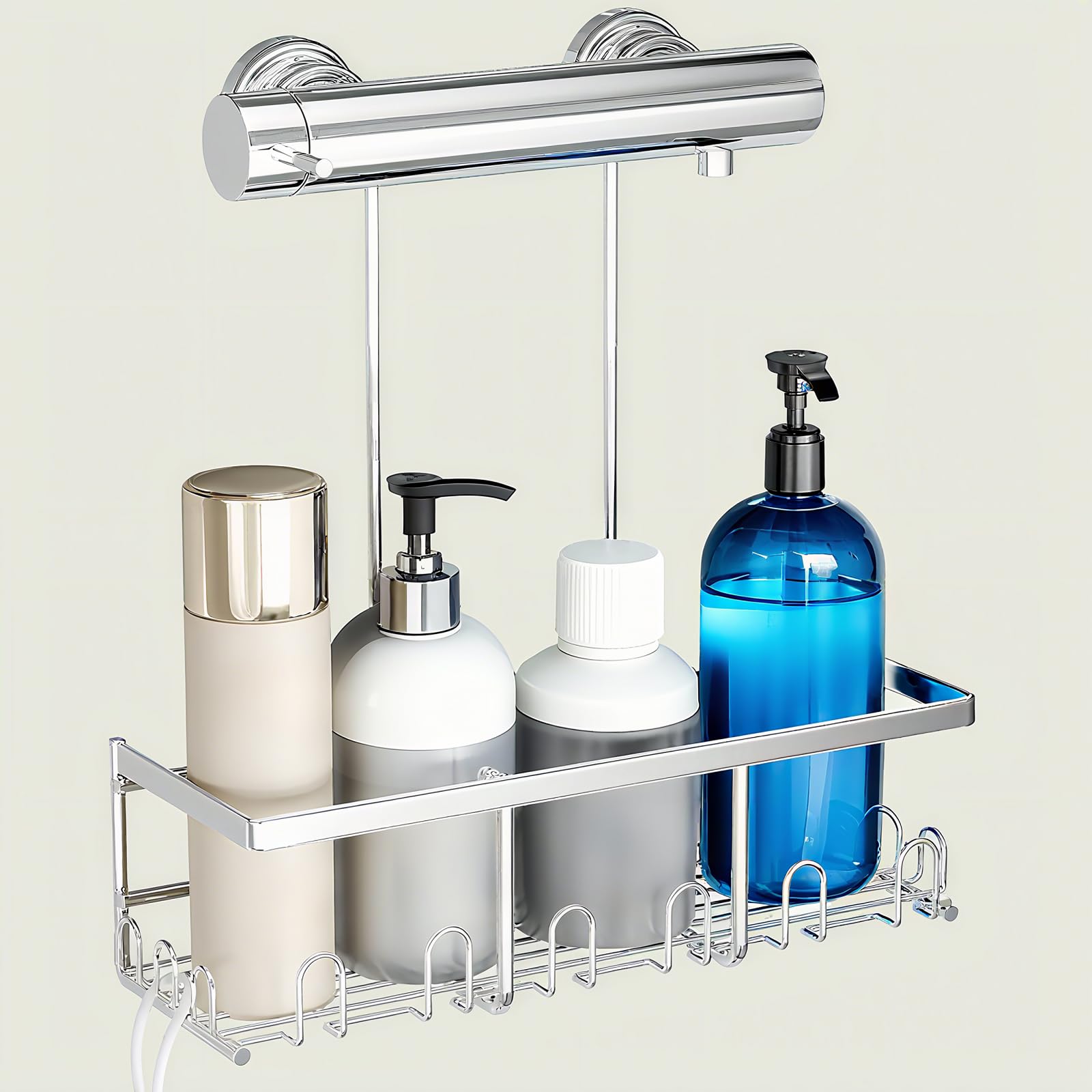 RUIHANDA Duschablage Zum Hängen - Duschkorb Ohne Bohren | Duschregal Hängen mit 12 Haken | Shampoo Halterung Für Dusche (Silber)