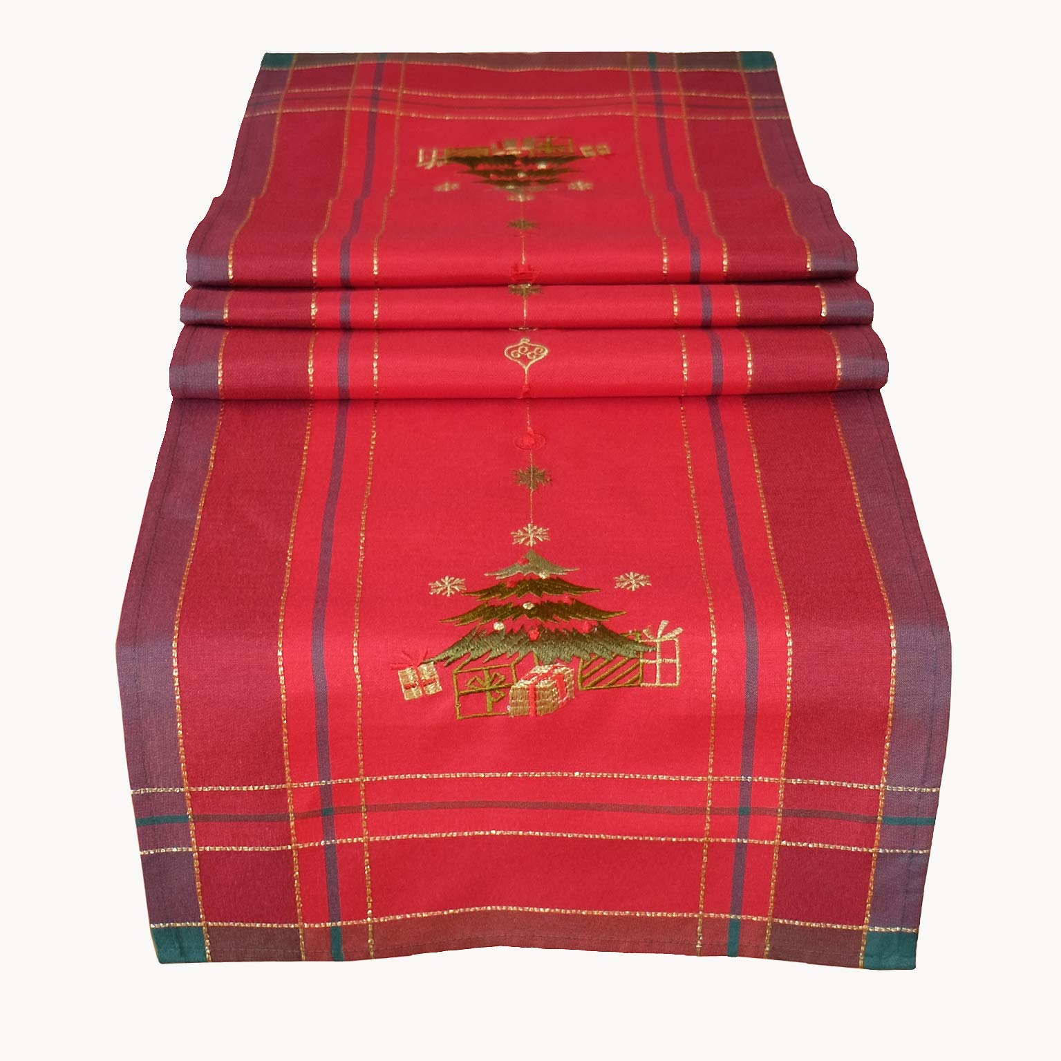 Chemin De Table Noël Brodé Arbre Rouge - 40x90cm - Décoration Festive - Polyester