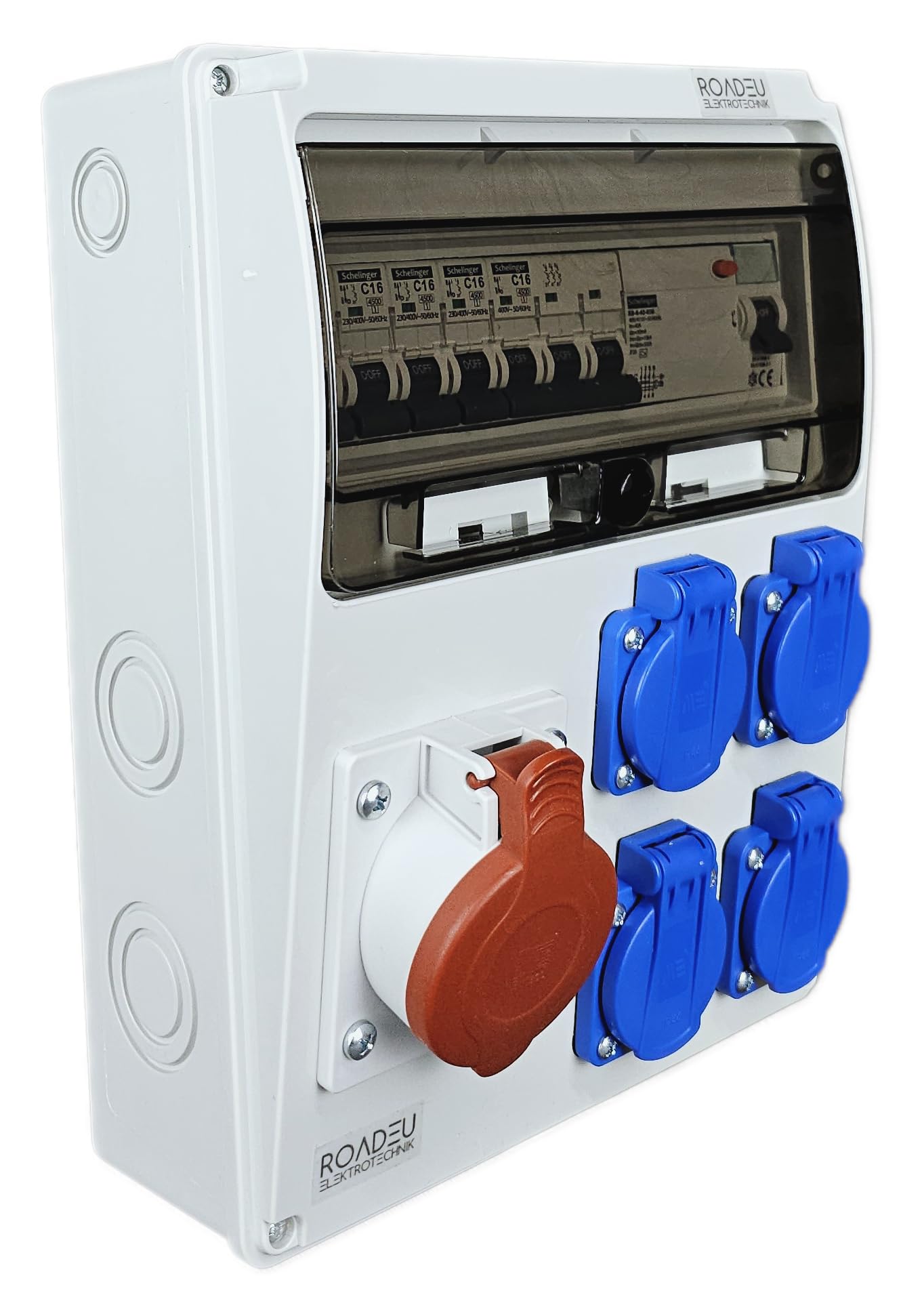 RoadEu - Stroomverdeler uitgerust met 4x 230V 16A Schuko. 4x PCE stopcontacten, wandverdeler. IP54 perfect voor werkplaatsen, loodsen en tuinen