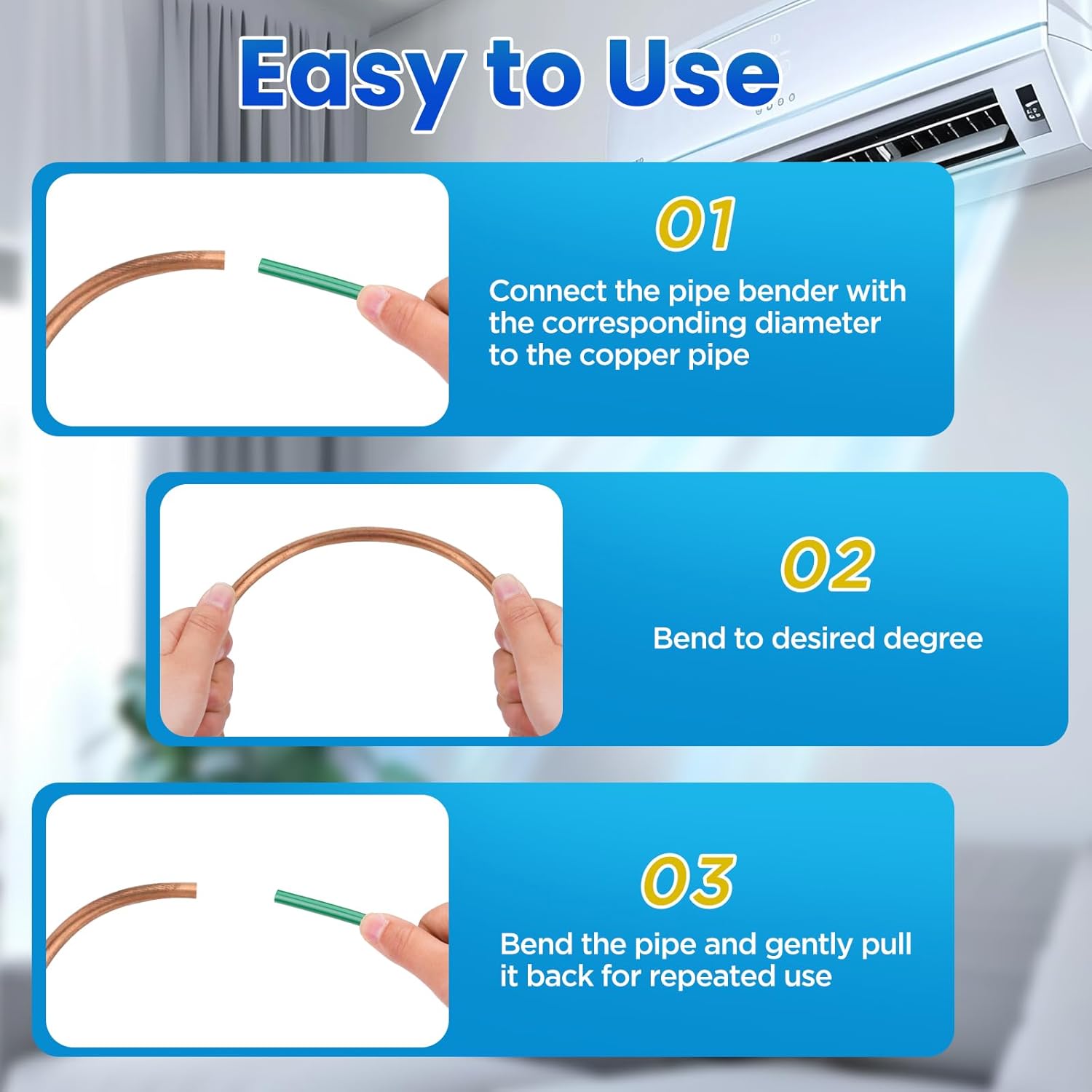 4M Conditioning Copper Tubing Pipe Extension, 1/4" 1/2" 3/8" 5/8" 3/4" 7/8" Built-in Copper Tube Bending Strip Air Conditioning Pipe Bender Kit (6pcs)
