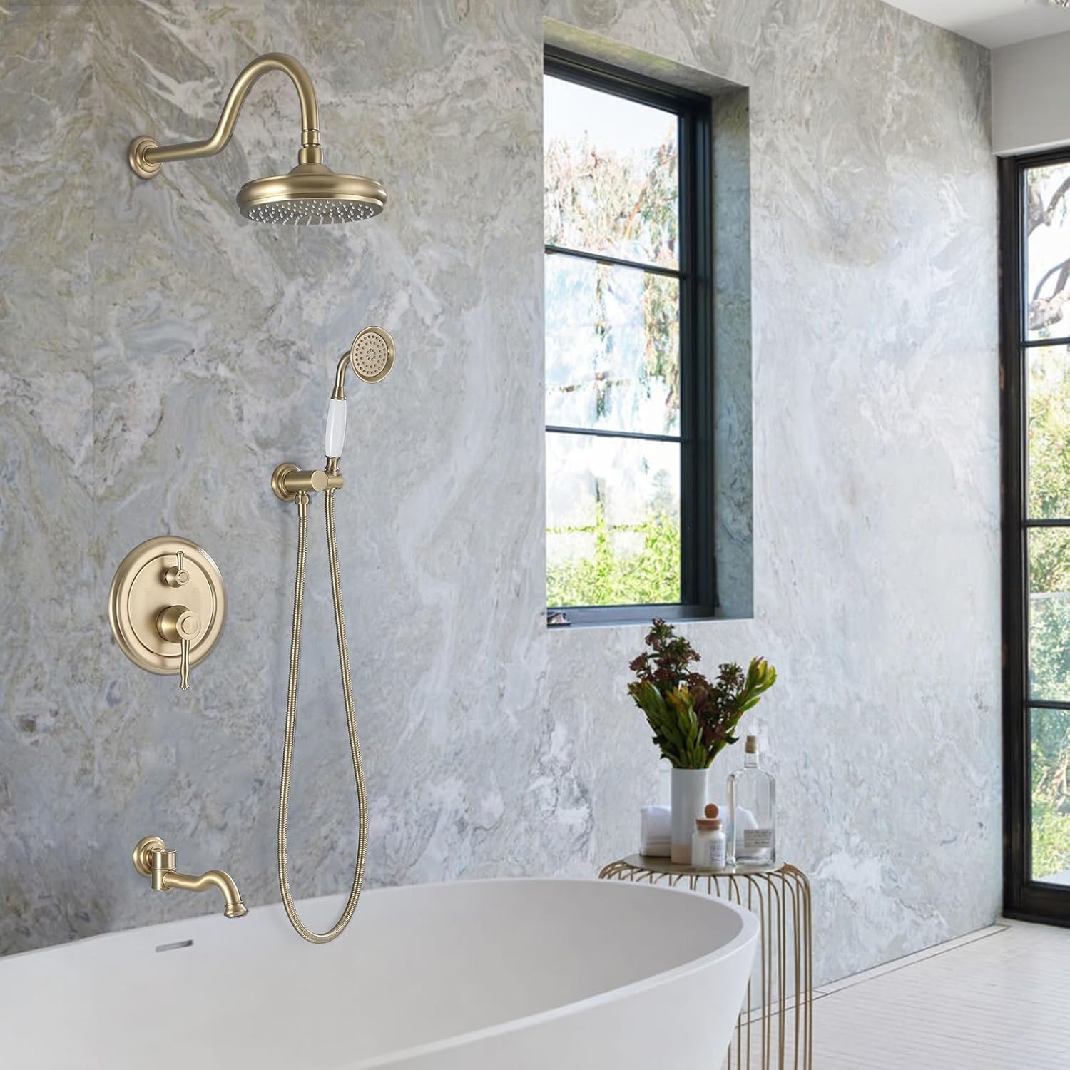 Rainfall Shower System with Handheld Sprayer,Brushed Gold Antique Shower Faucet Sets,Shower Fixture Combo with Brass Pressure Balance Valve,Complete Shower System Kit with Foldable Tub Spout