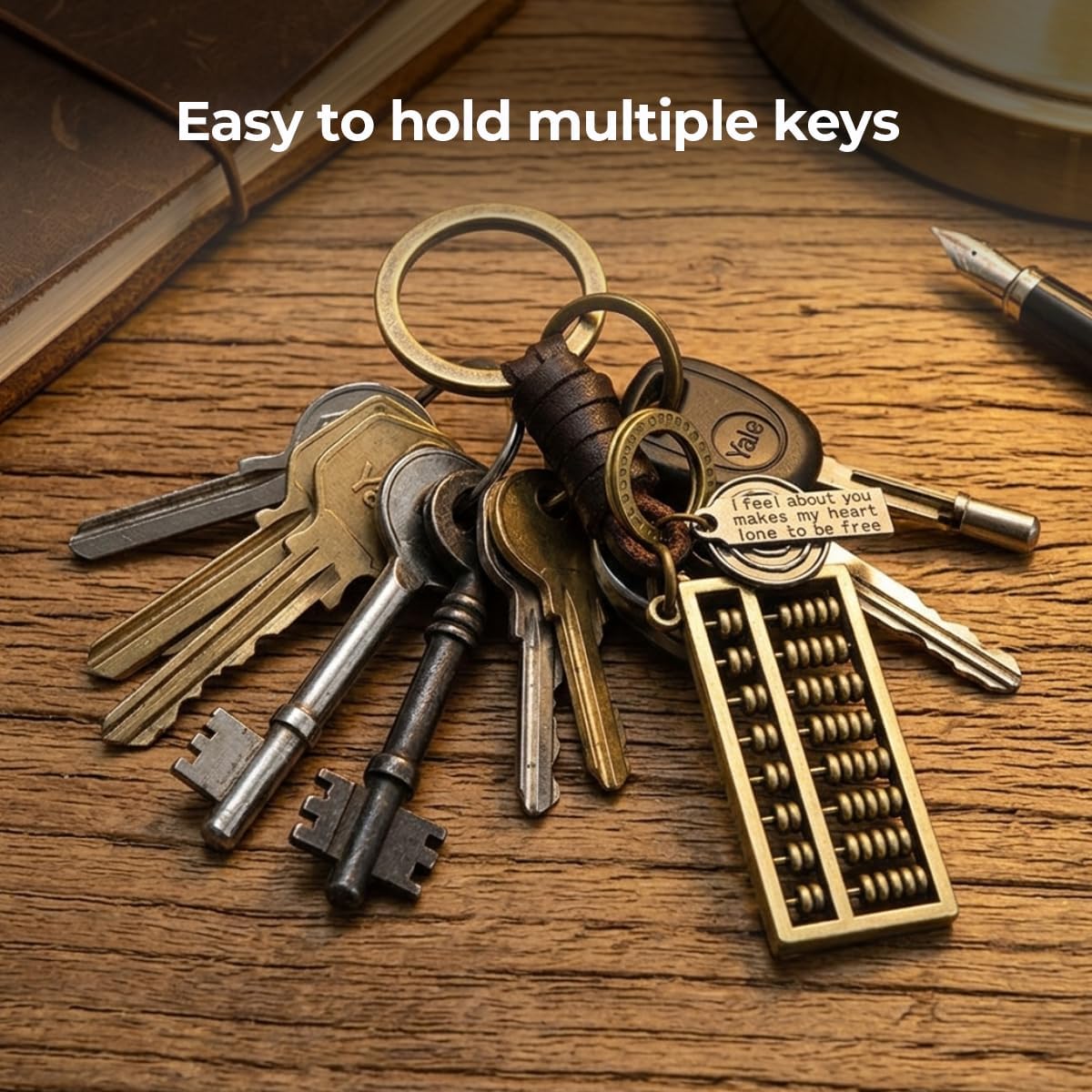 Vintage Bronze Leather Keychain, Punk Metal Pendant Brass Copper Key Ring, Graduation Car Gift for Men Women image 3