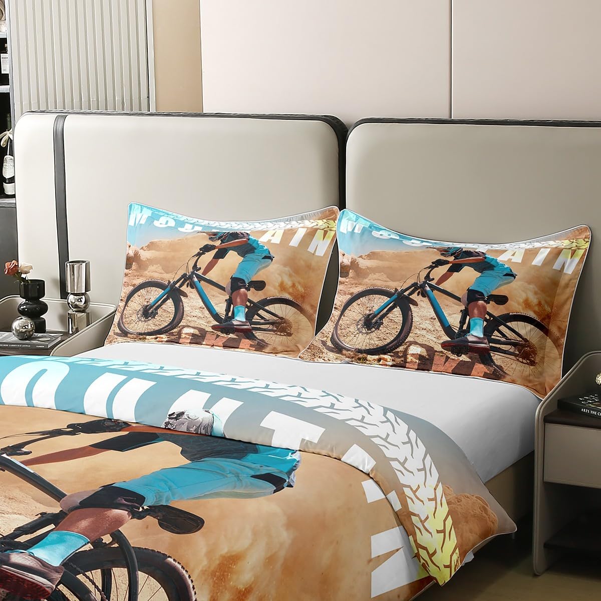 Set Biancheria Da Letto Bambino Mountain Bike - Copripiumino In Microfibra 135x200 Con Federa 80x80 - Stampa 3D - 3