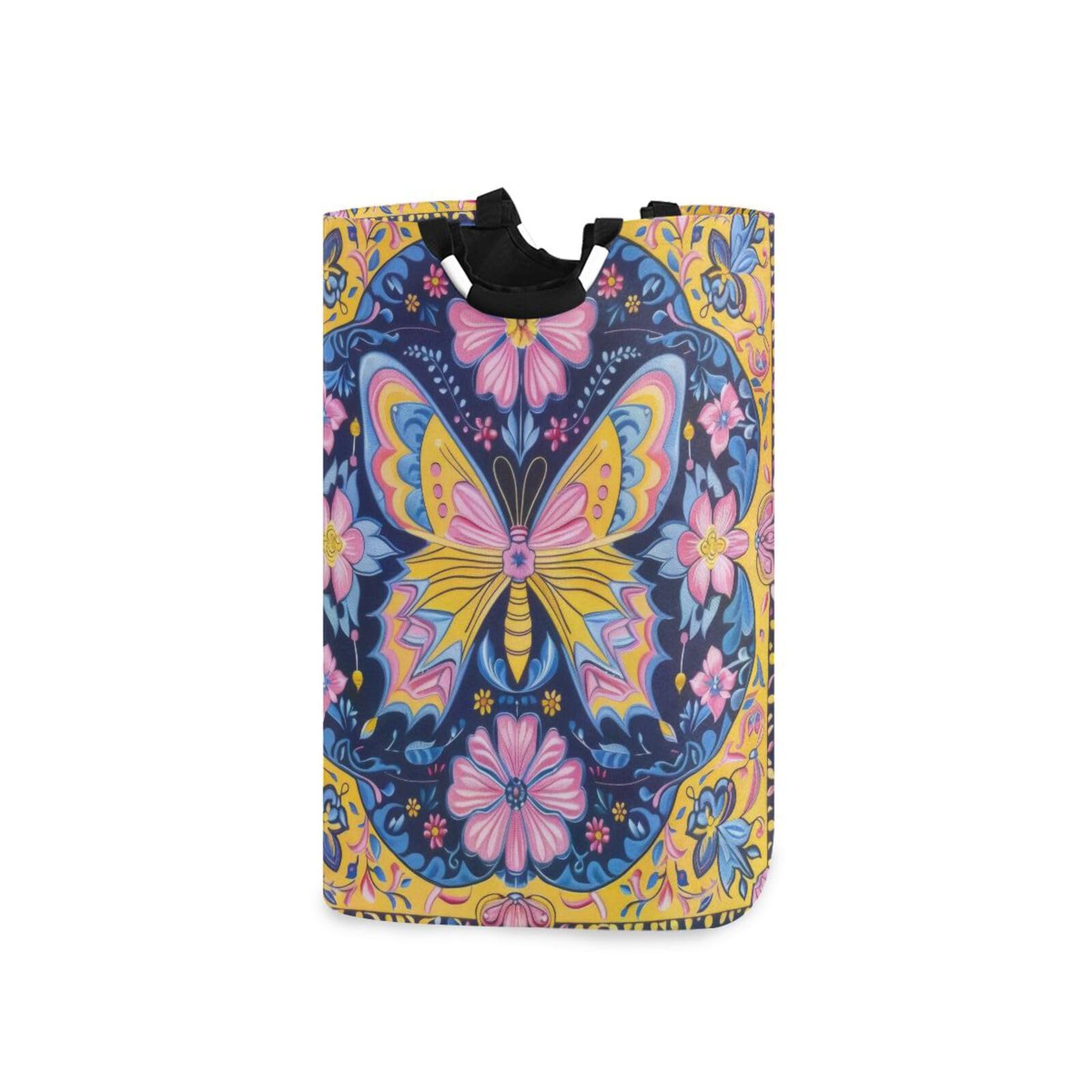 Jihqo Laundry Hamper Basket Mexican Floral Butterfly Collapsible Nursery Storage Bin Waterproof Clothing Baskets for Home Bedroom Bathroom Washing Room