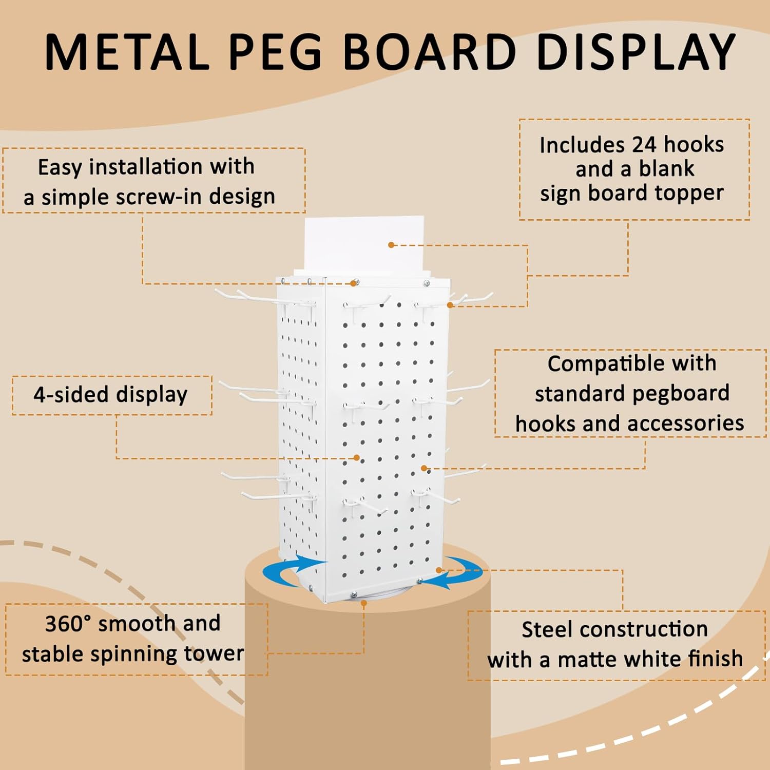 Rotating Pegboard Display Stand With 24 Hooks, 4-Sided Metal Spinning Peg Board Display 7.4"x7.4"x17" Spinner Pegboard Carousel Craft Rack Organizer (White)