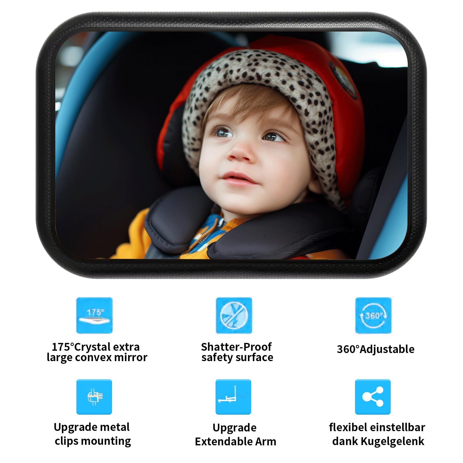 Lusterko wsteczne dla dzieci 360° samochodowe dla niemowląt z wysuwanymi ramionami + 2 naklejki Baby On Board i 2 haczyki na zagłówek