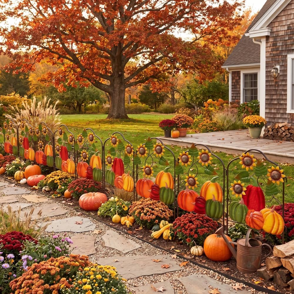 hogardeck Herbstdekorationen für Zuhause und draußen, Set mit 2 Metallzaun, dekorative Gartenpfähle mit Kürbis-Sonnenblume für Herbstdekoration, Metall-Hofschilder für Garten, Rasen, Terrasse