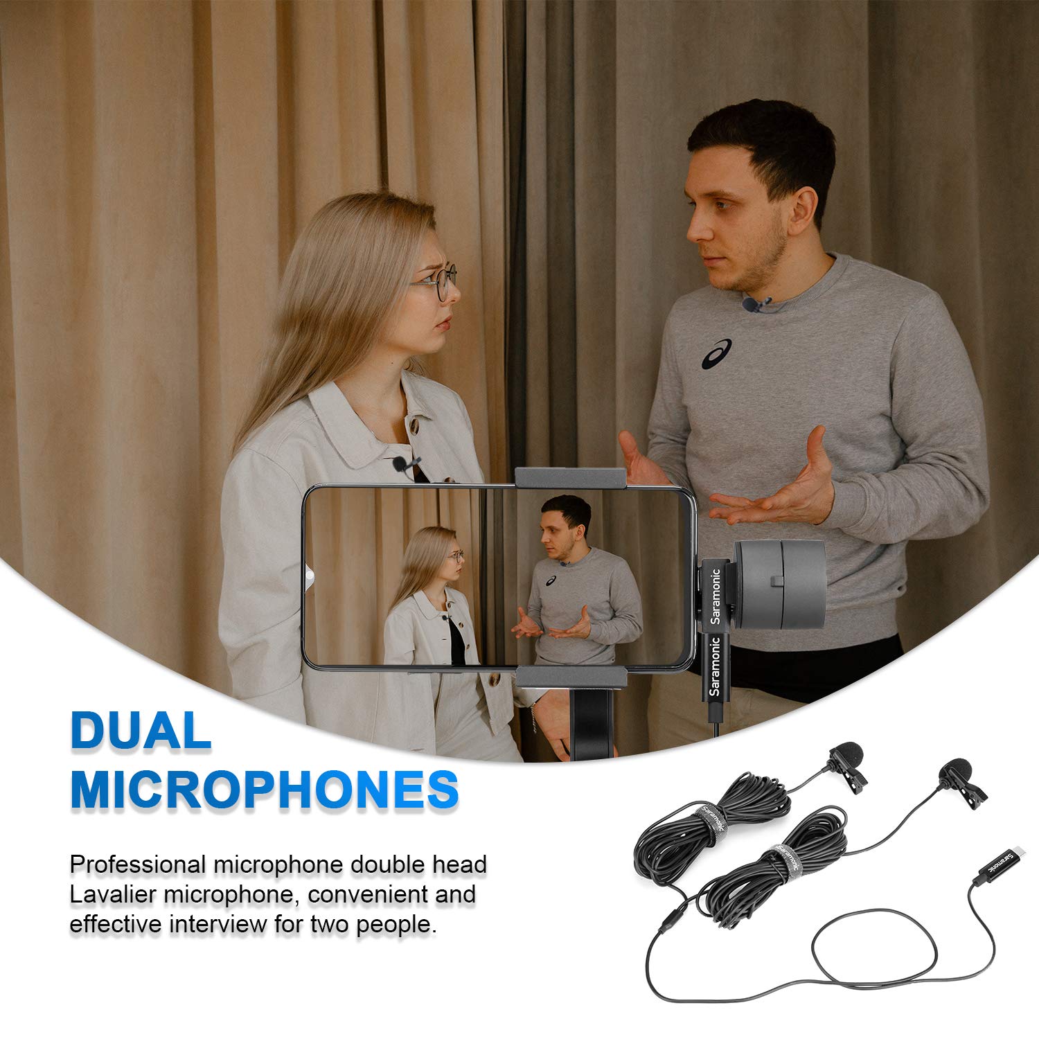 Saramonic LavMicro U3C Micrófono digital omnidireccional de solapa con clip de doble cabezal con conector USB tipo C Compatible con iPad Pro, Mac PC, Samsun, otros teléfonos inteligentes tipo USB-C
