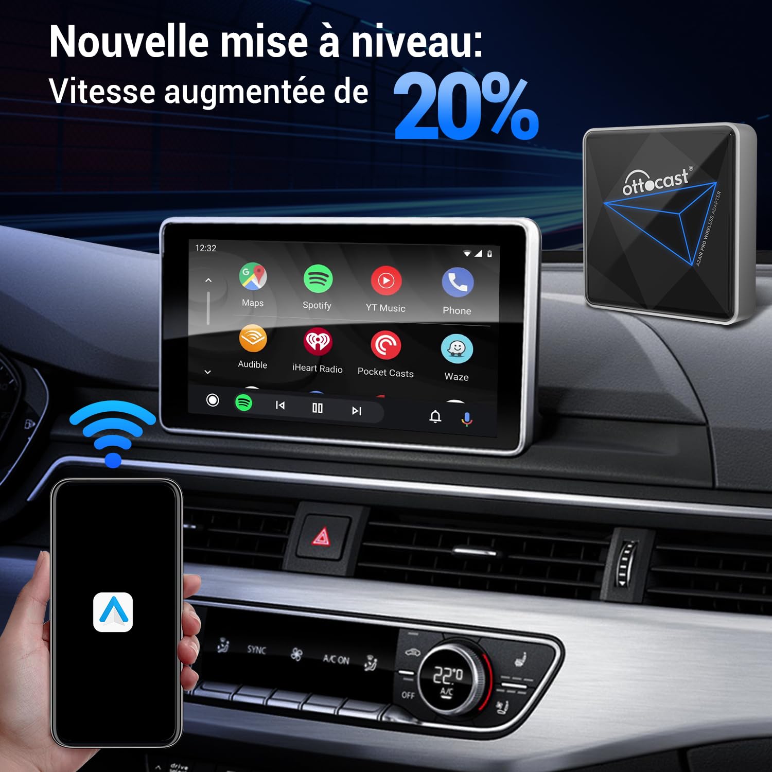 OTTOCAST-Android-Auto-sans-Fil-Adaptateur Wireless Dongle A2AIR Pro AA Adapter Plug Play Adaptador pour Les Voitures avec Android Auto(Année De Production: 2016-2024)